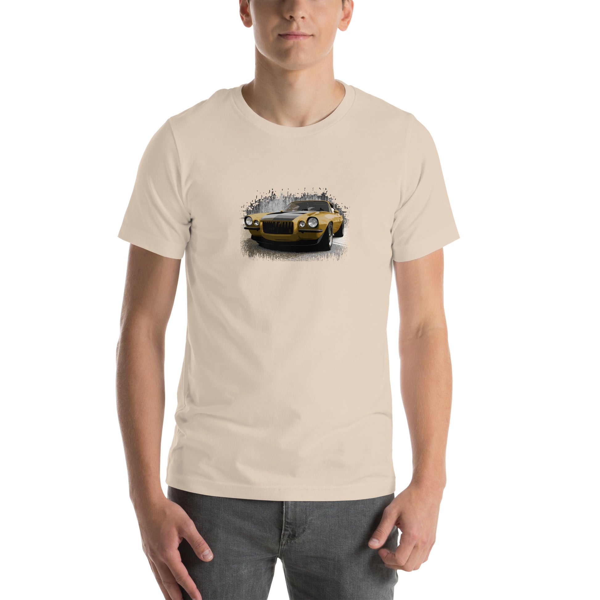 Classic Car Shirt featuring a Gold 1970 Camaro - Unisex t-shirt with 70 Chevrolet Camaro