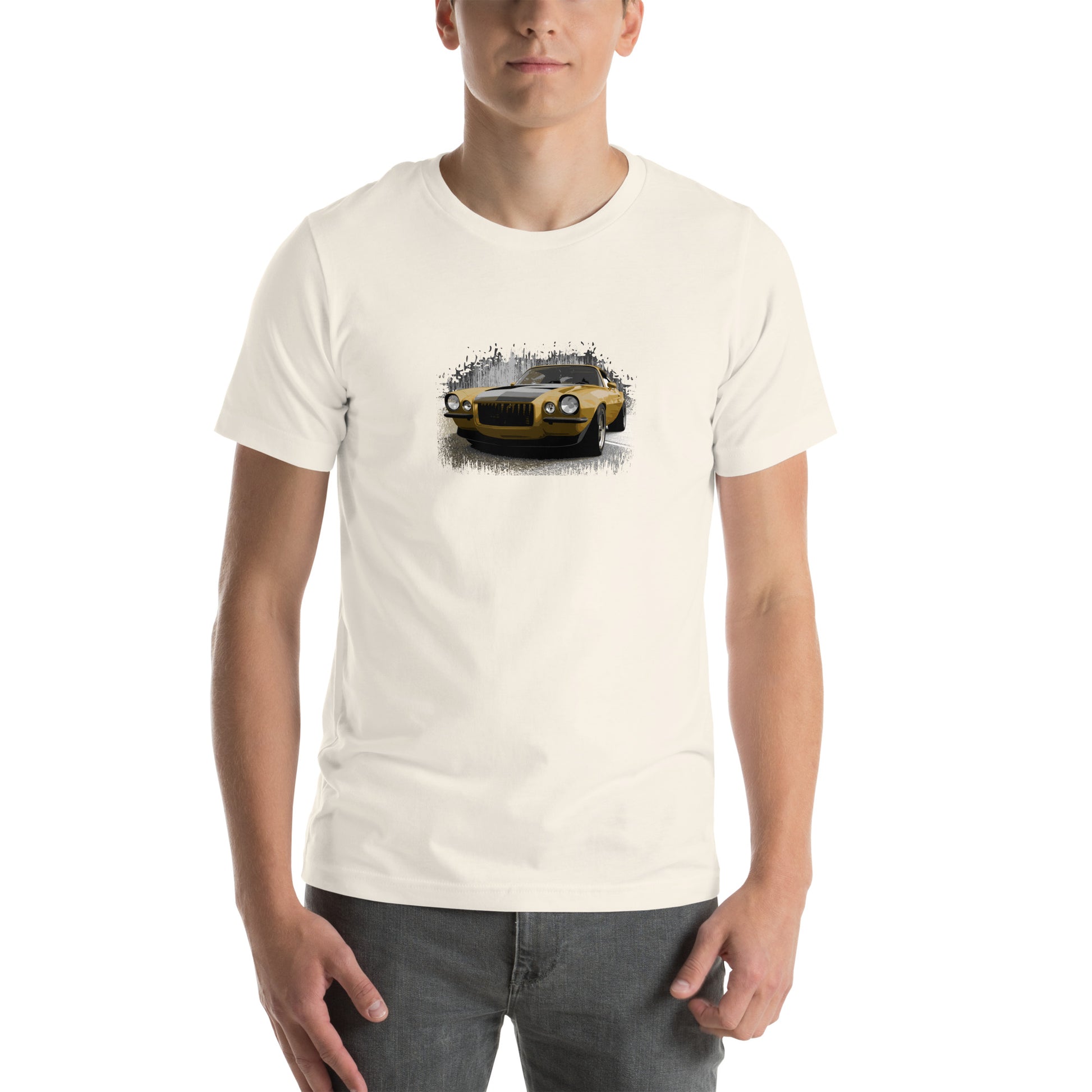 Classic Car Shirt featuring a Gold 1970 Camaro - Unisex t-shirt with 70 Chevrolet Camaro