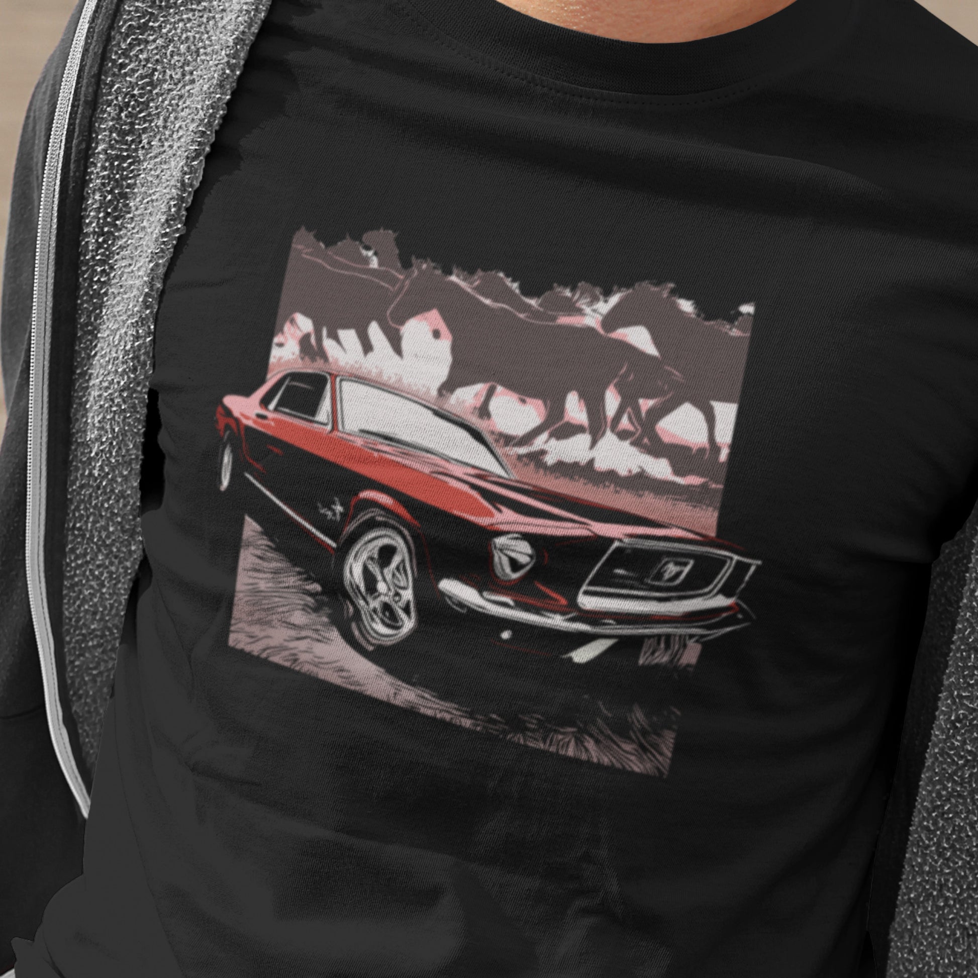 68 Mustang Unisex Jersey Tee, Red 1968 Ford Mustang with Horses