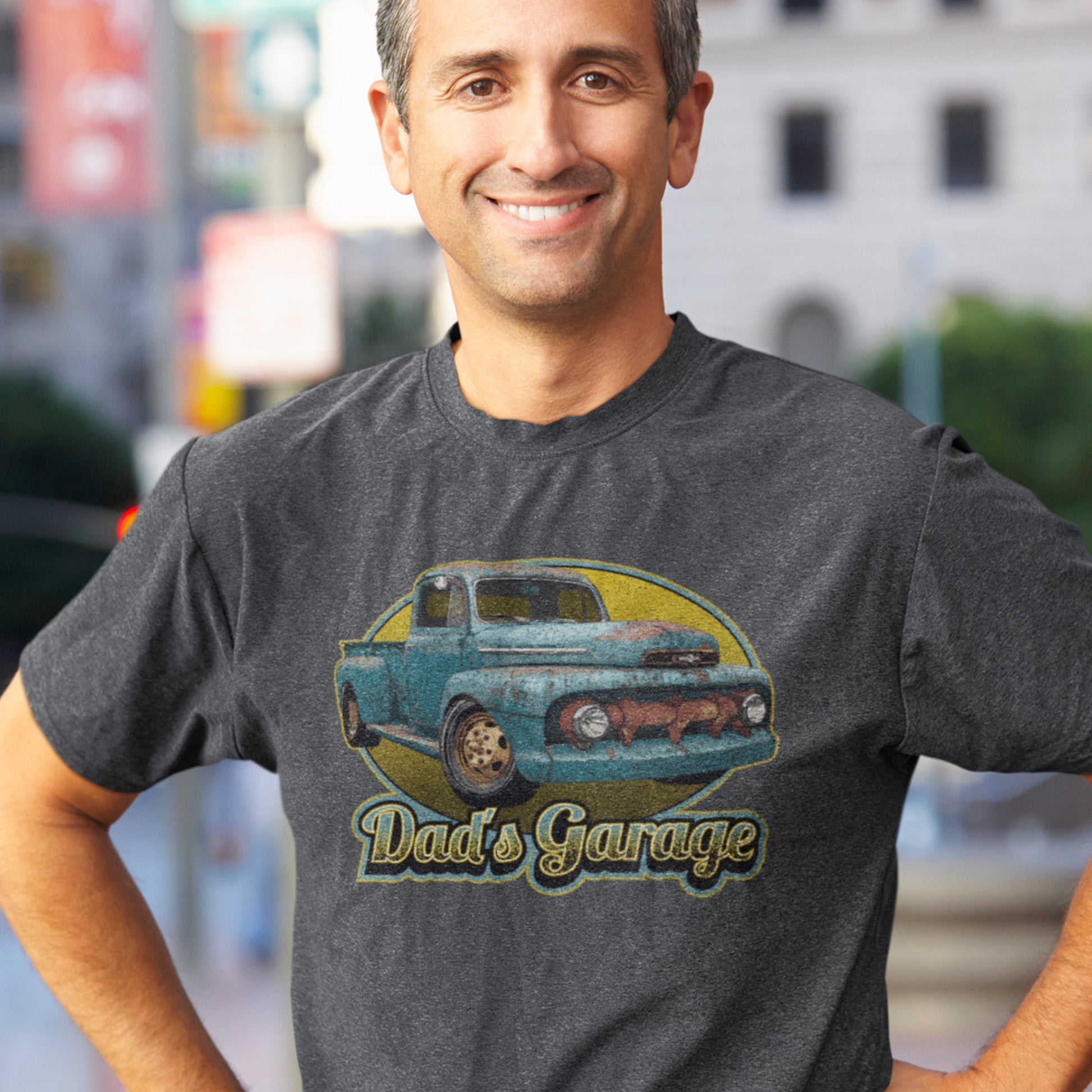 Classic Car Shirt featuring a rusty 51 Ford truck - Dad's Garage with Vintage 1951 Ford pickup