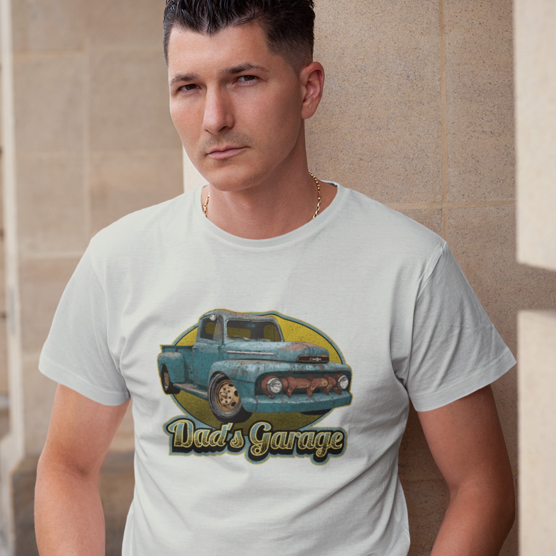 Classic Car Shirt featuring a rusty 51 Ford truck - Dad's Garage with Vintage 1951 Ford pickup