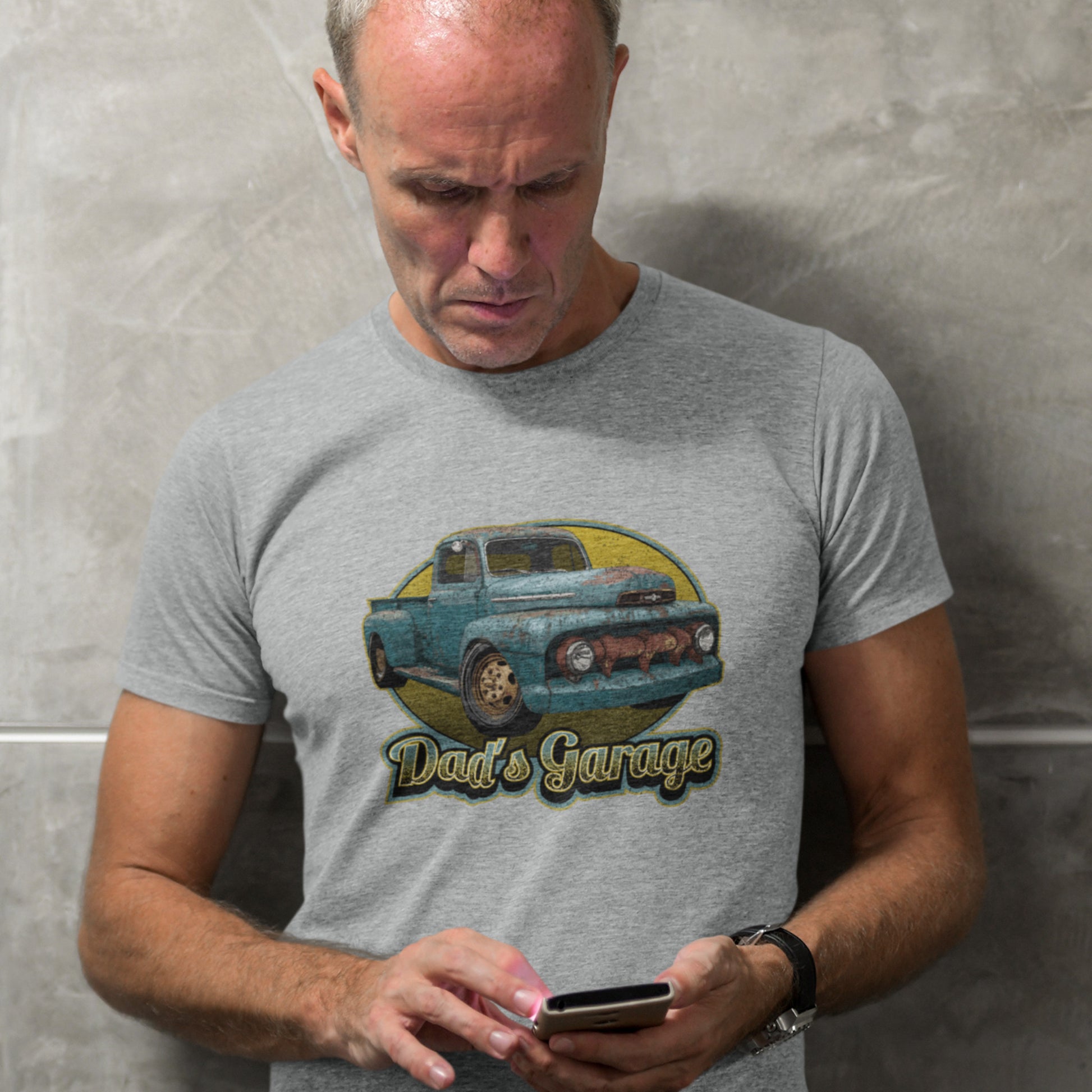 Classic Car Shirt featuring a rusty 51 Ford truck - Dad's Garage with Vintage 1951 Ford pickup