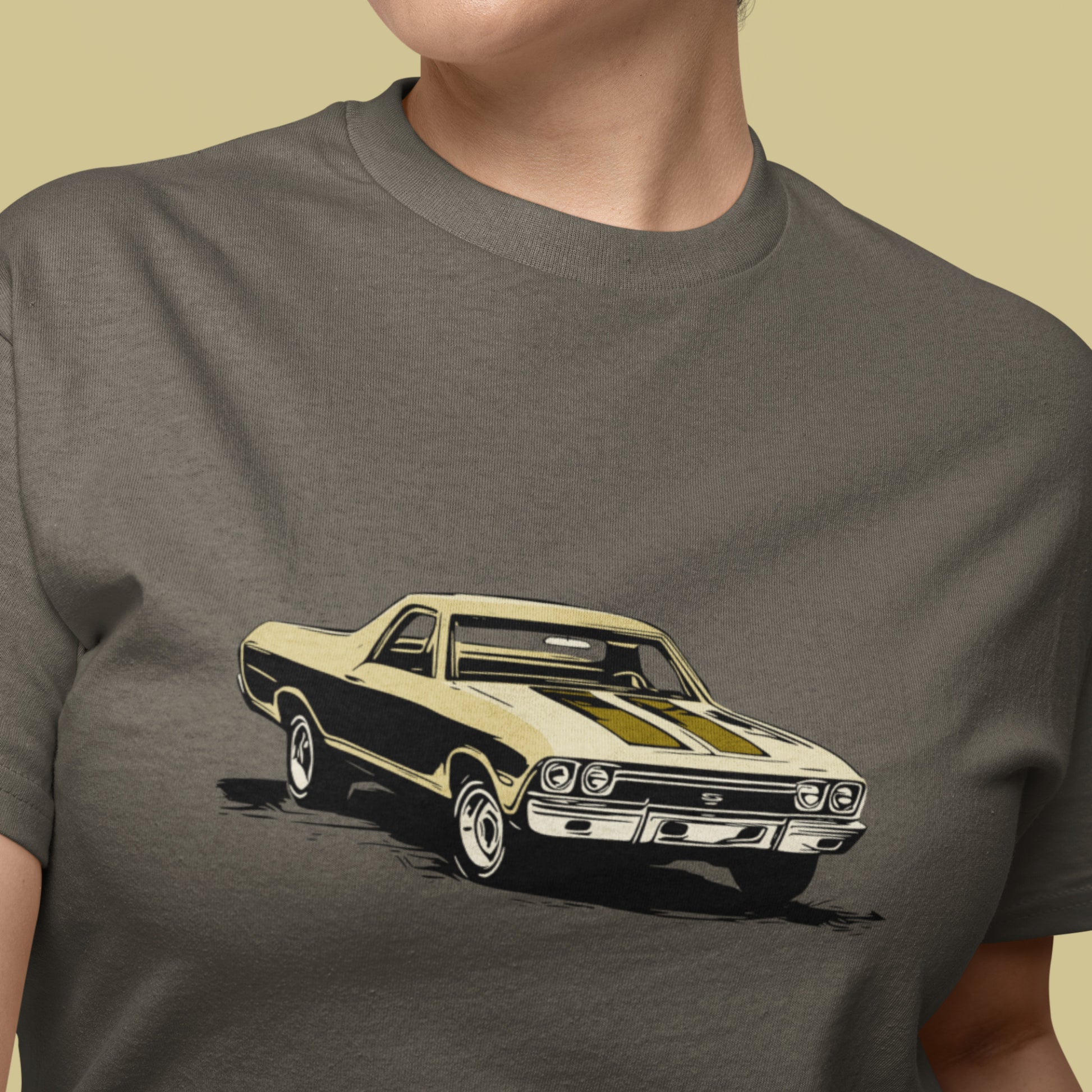 Classic car shirt featuring yellow 68 El Camino - Unisex Jersey Tee - 1968 Chevy truck