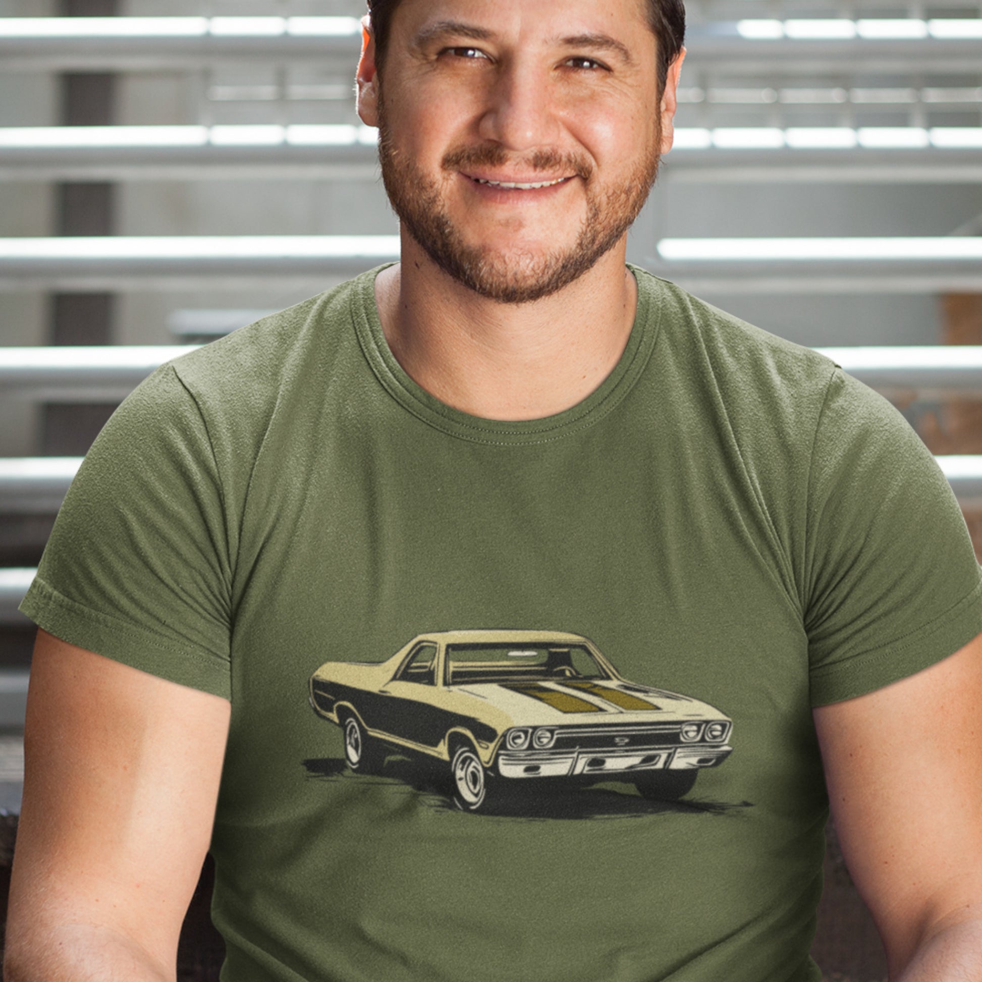 Classic car shirt featuring yellow 68 El Camino - Unisex Jersey Tee - 1968 Chevy truck