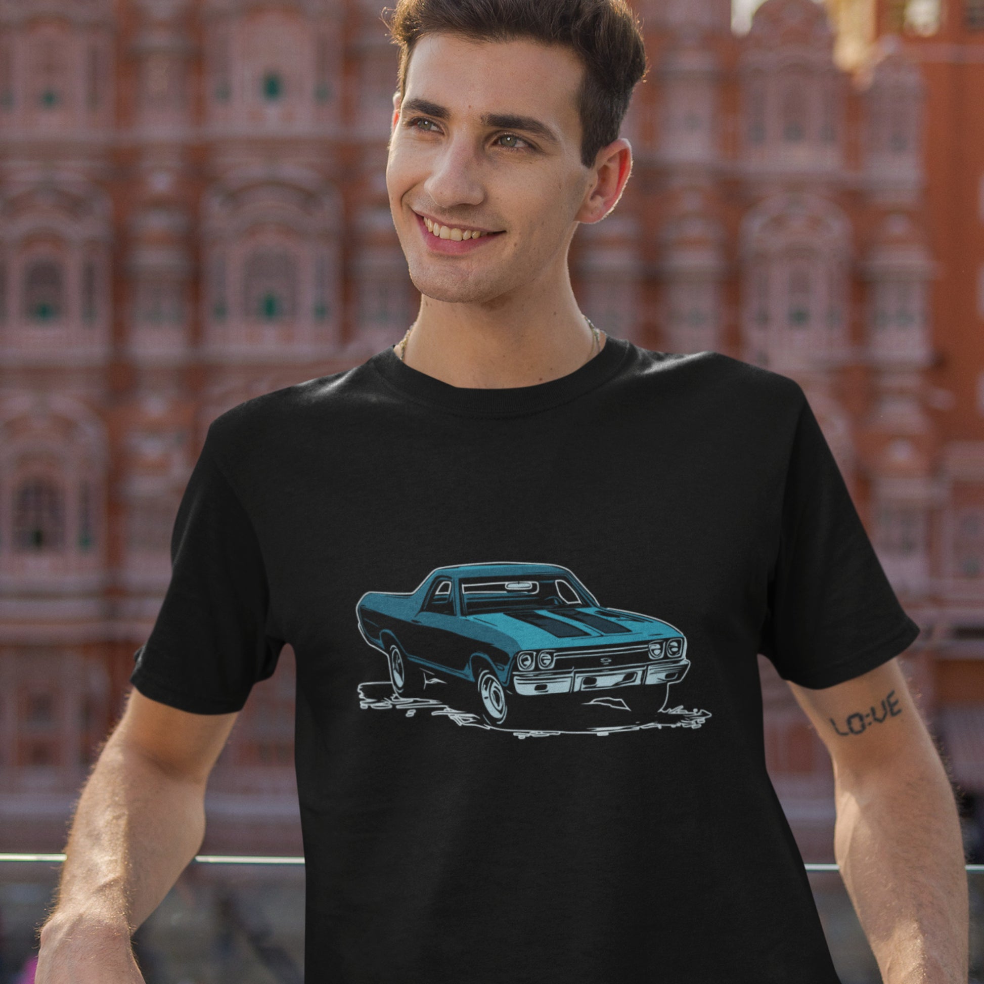 Classic car shirt featuring blue 68 El Camino - Unisex Jersey Tee - 1968 Chevy truck