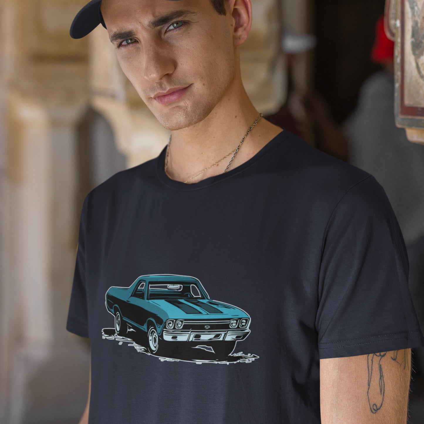 Classic car shirt featuring blue 68 El Camino - Unisex Jersey Tee - 1968 Chevy truck