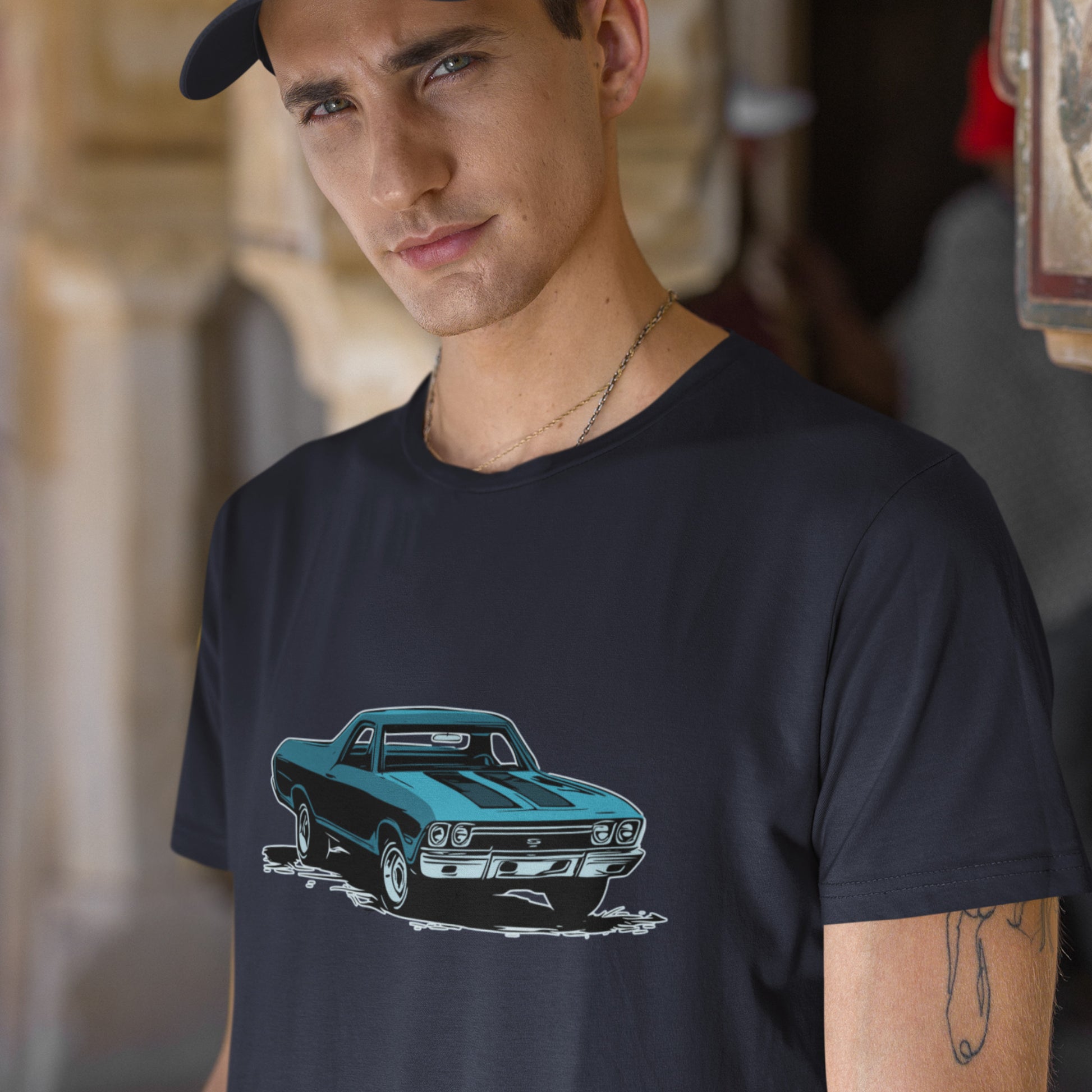 Classic car shirt featuring blue 68 El Camino - Unisex Jersey Tee - 1968 Chevy truck