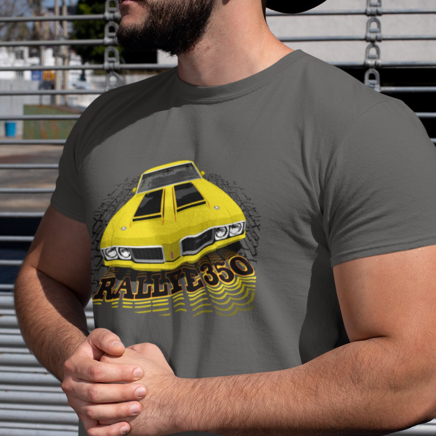 Classic car shirt featuring yellow 70 Olds Cutlass Rallye 350