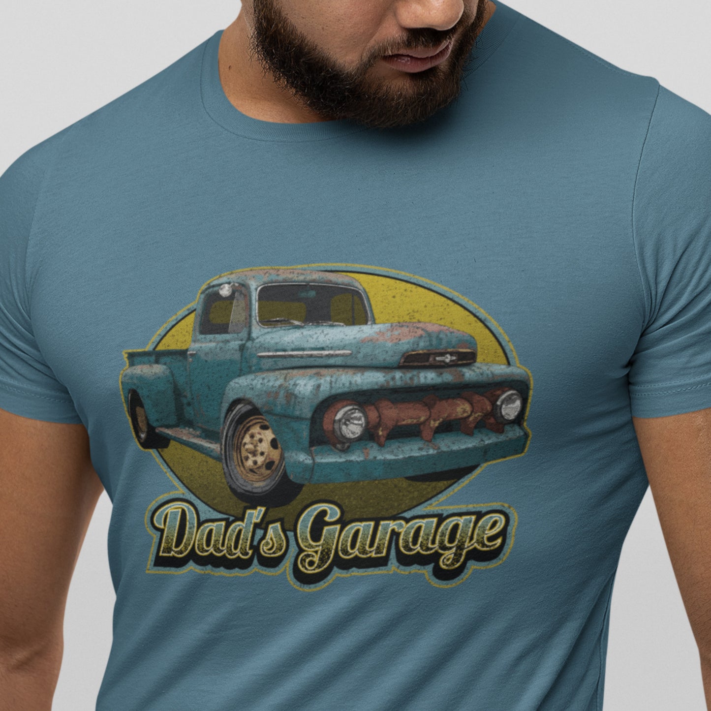 Classic Car Shirt featuring a rusty 51 Ford truck - Dad's Garage with Vintage 1951 Ford pickup