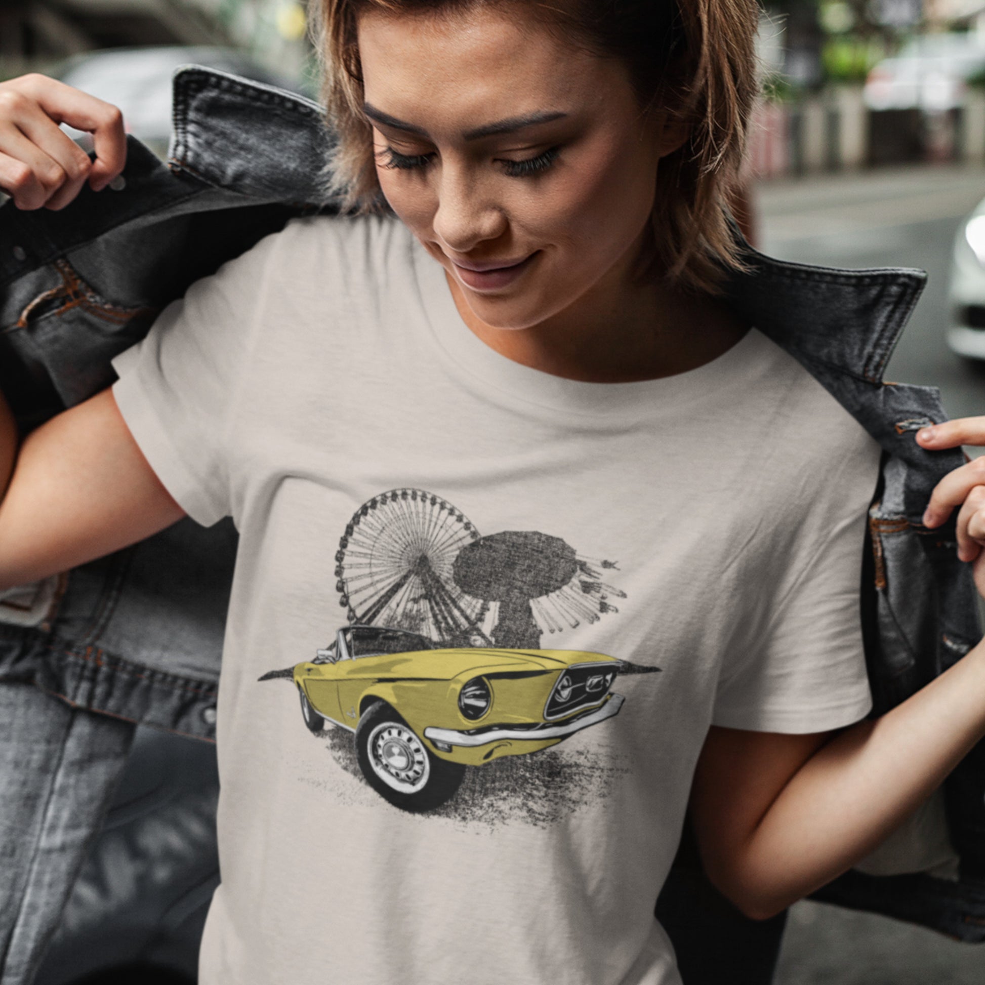 Classic car shirt featuring Yellow 68 Ford Mustang - Unisex t-shirt with 1968 Mustang convertible against carnival backdrop