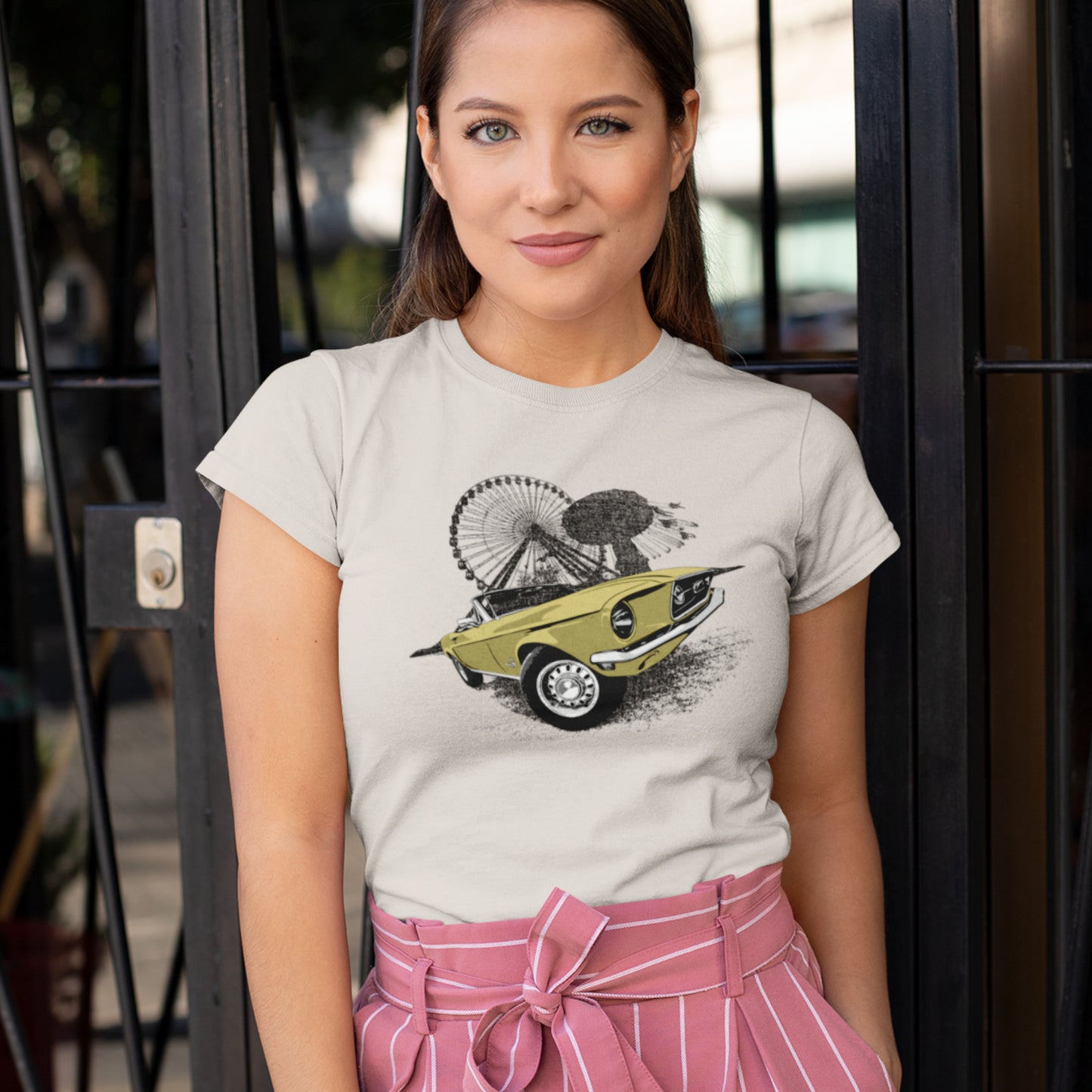 Classic car shirt featuring Yellow 68 Ford Mustang - Unisex t-shirt with 1968 Mustang convertible against carnival backdrop