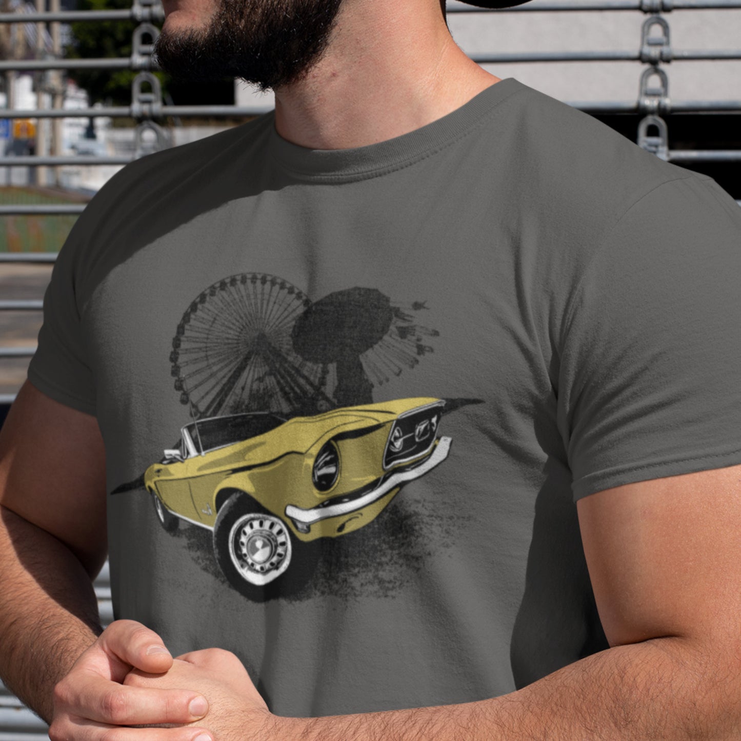 Classic car shirt featuring Yellow 68 Ford Mustang - Unisex t-shirt with 1968 Mustang convertible against carnival backdrop