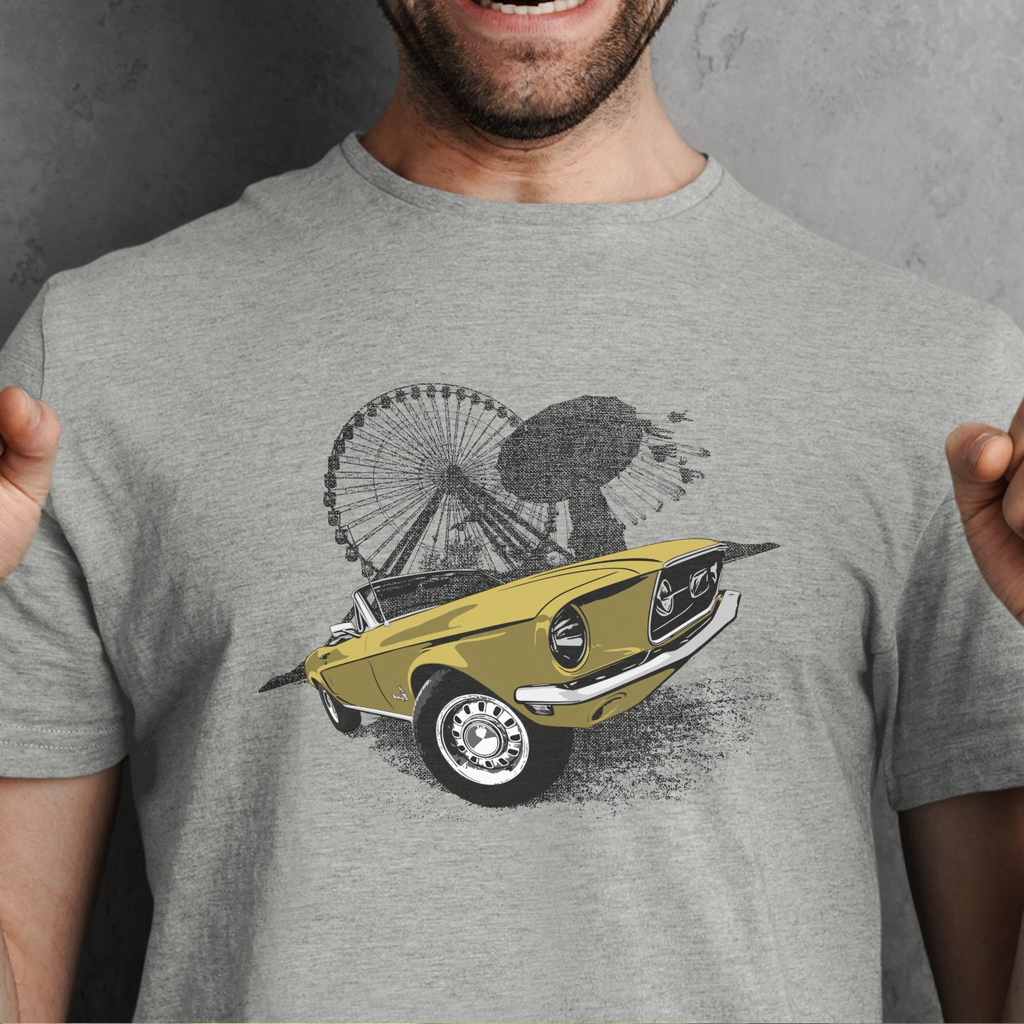 Classic car shirt featuring Yellow 68 Ford Mustang - Unisex t-shirt with 1968 Mustang convertible against carnival backdrop