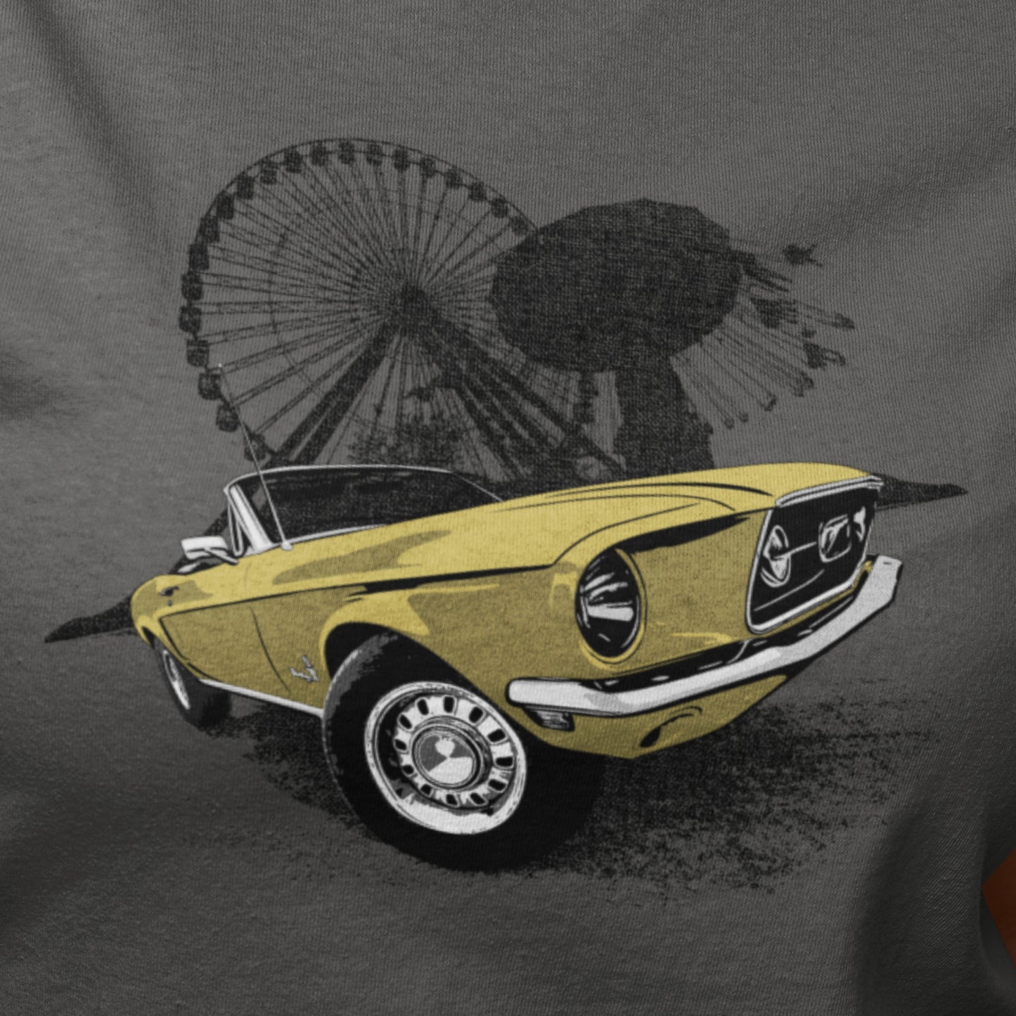 Classic car shirt featuring Yellow 68 Ford Mustang - Unisex t-shirt with 1968 Mustang convertible against carnival backdrop