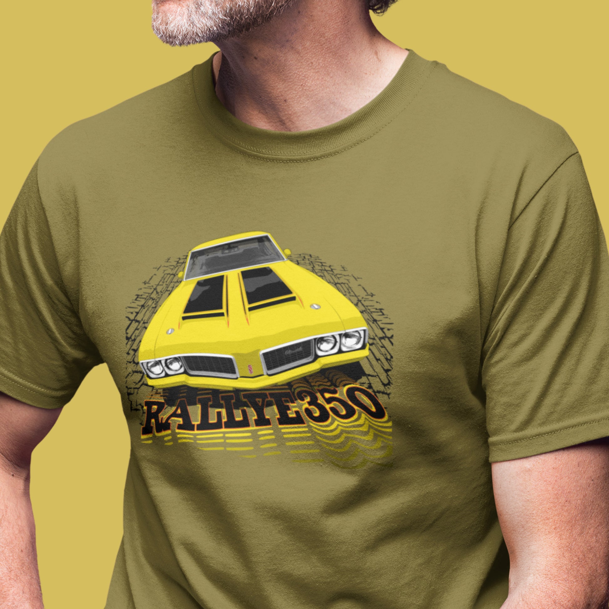 Classic car shirt featuring yellow 70 Olds Cutlass Rallye 350 - Light color Unisex T-shirt version - 1970 Oldsmobile