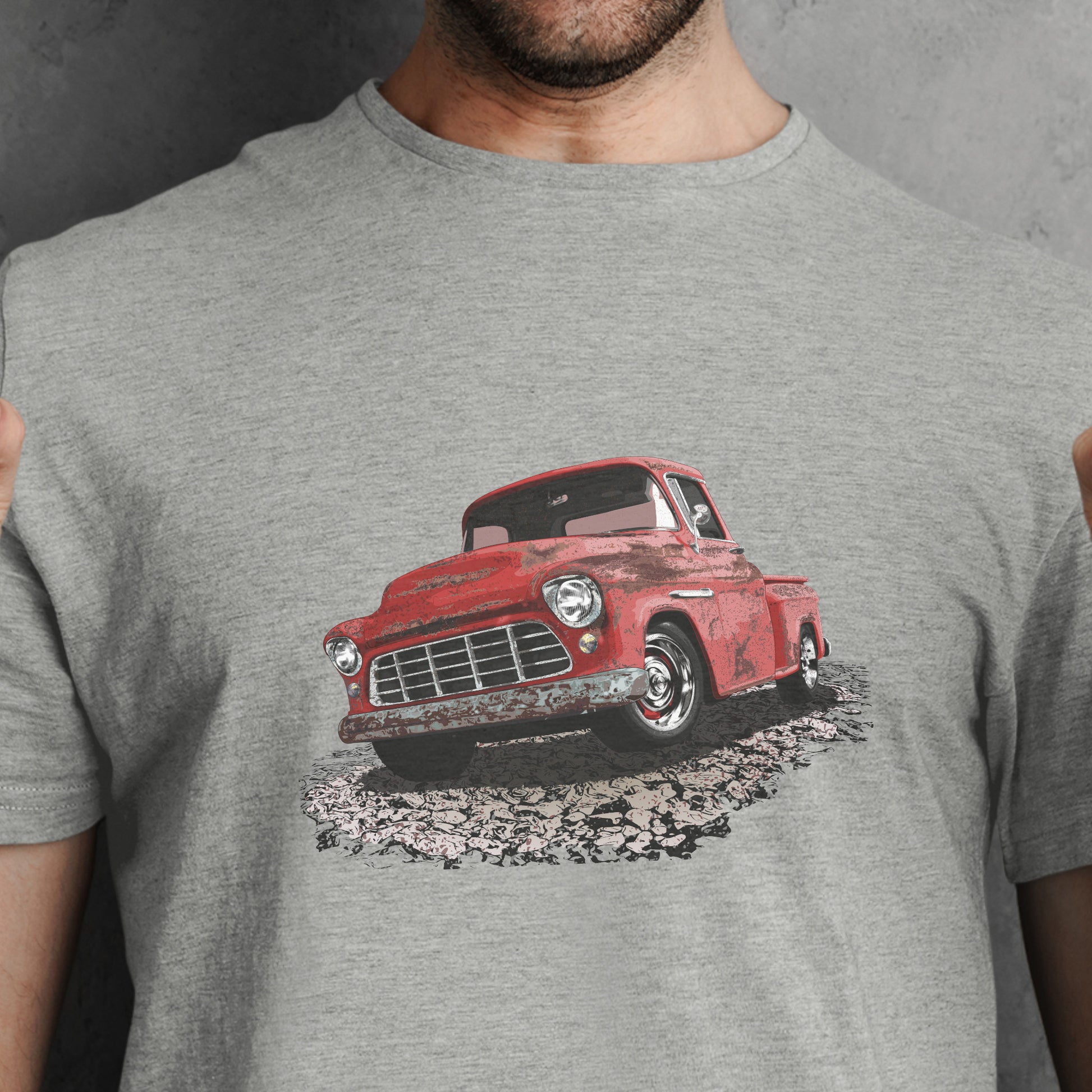 Classic truck shirt featuring rusty red 55 Chevy truck - Unisex T-shirt with rusted classic pickup