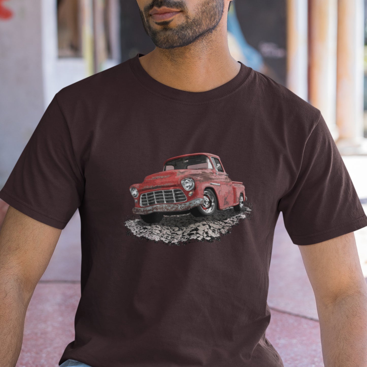 Classic truck shirt featuring rusty red 55 Chevy truck - Unisex T-shirt with rusted classic pickup'