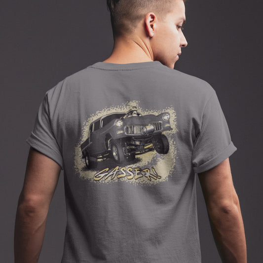 Classic Car Shirt featuring a black 1955 Chevy Gasser - Unisex t-shirt, 1950s 1960s racer, image on back