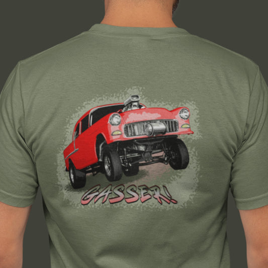 Classic Car Shirt featuring a Red 1955 Chevy Gasser - Unisex t-shirt, 1950s 1960s racer, image on back