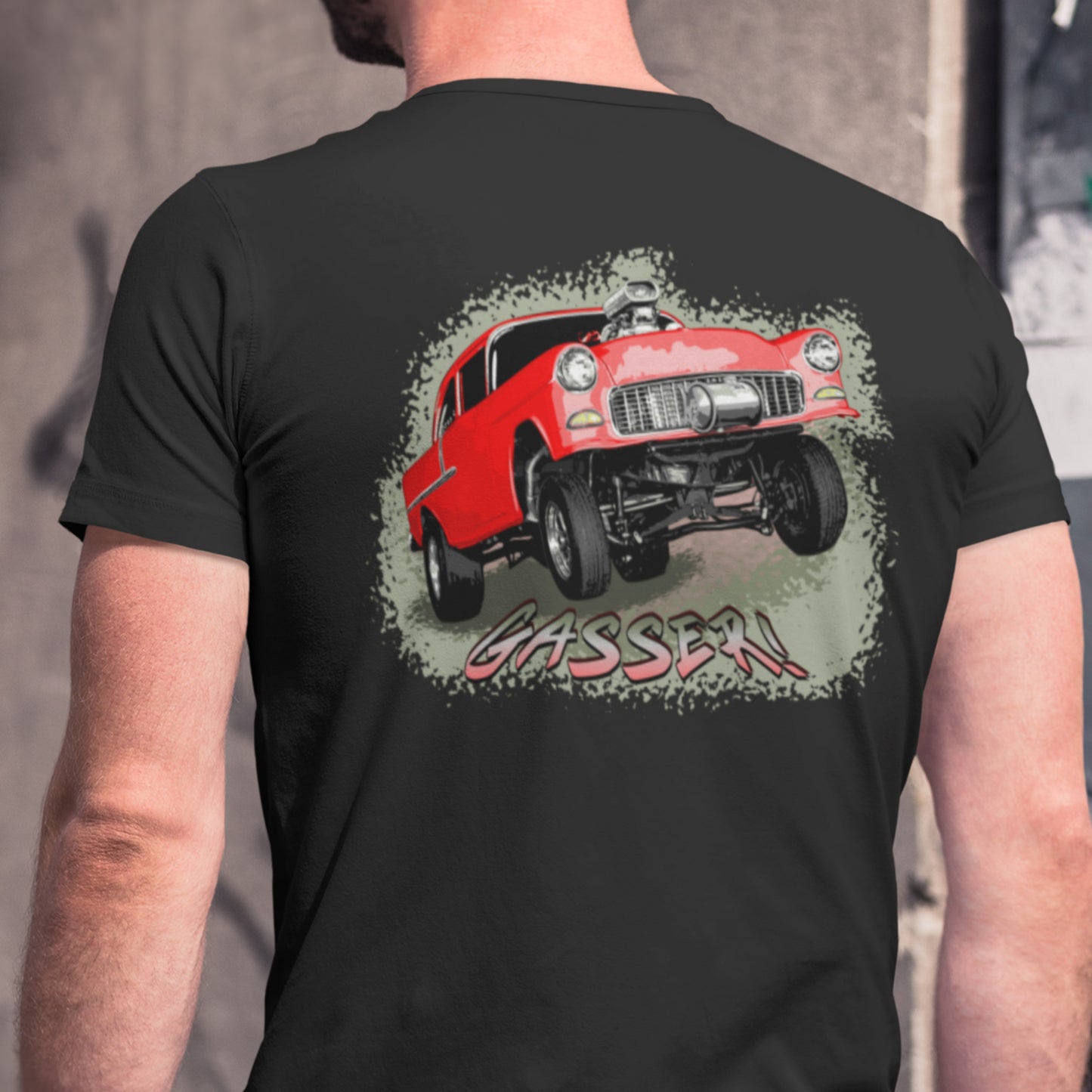 Classic Car Shirt featuring a Red 1955 Chevy Gasser - Unisex t-shirt, 1950s 1960s racer, image on back