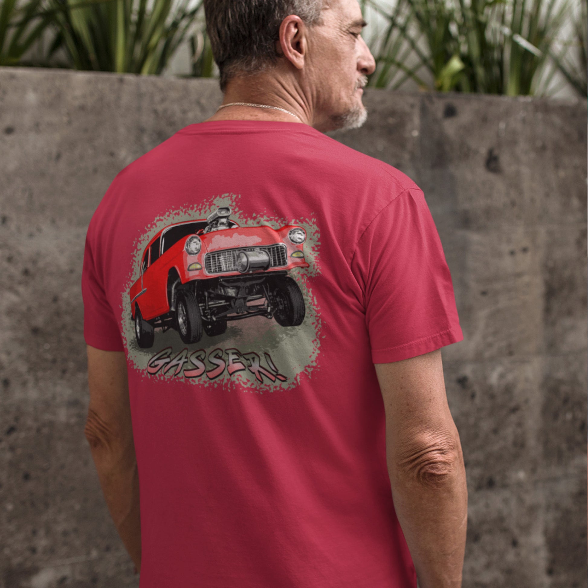 Classic Car Shirt featuring a Red 1955 Chevy Gasser - Unisex t-shirt, 1950s 1960s racer, image on back