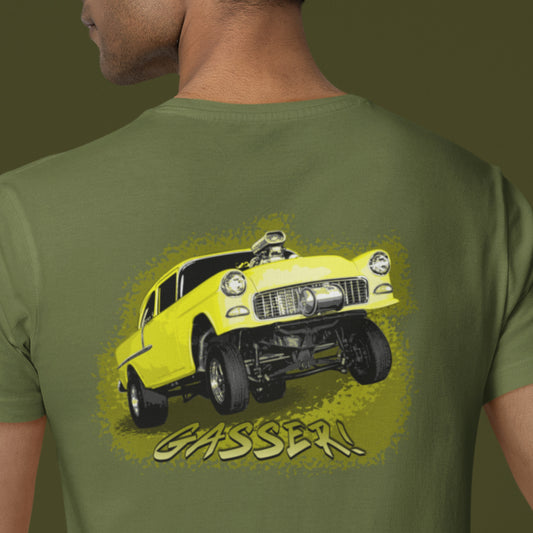 Classic Car Shirt featuring a Yellow 1955 Chevy Gasser - Unisex t-shirt, 1950s 1960s racer, image on back