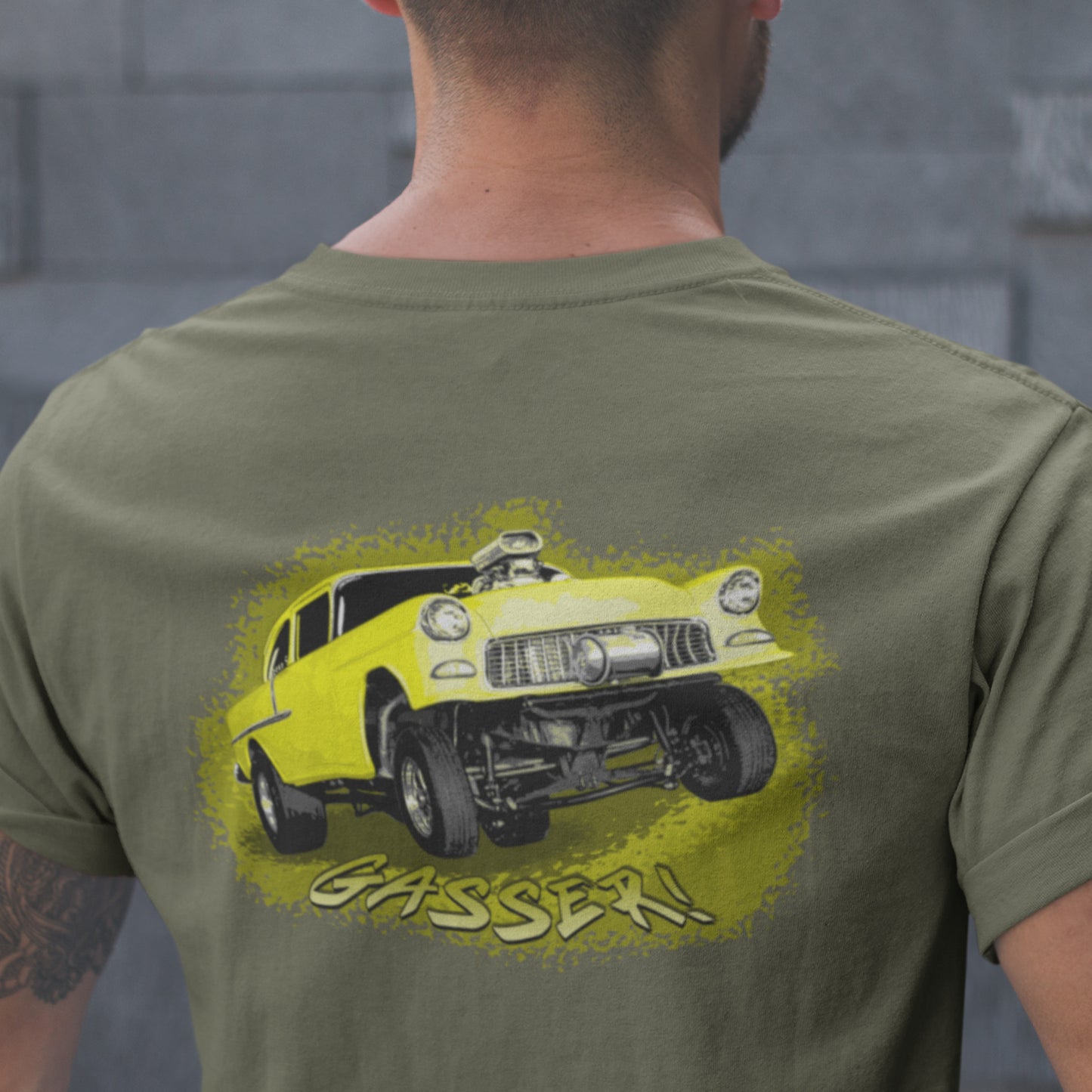 Classic Car Shirt featuring a Yellow 1955 Chevy Gasser - Unisex t-shirt, 1950s 1960s racer, image on back