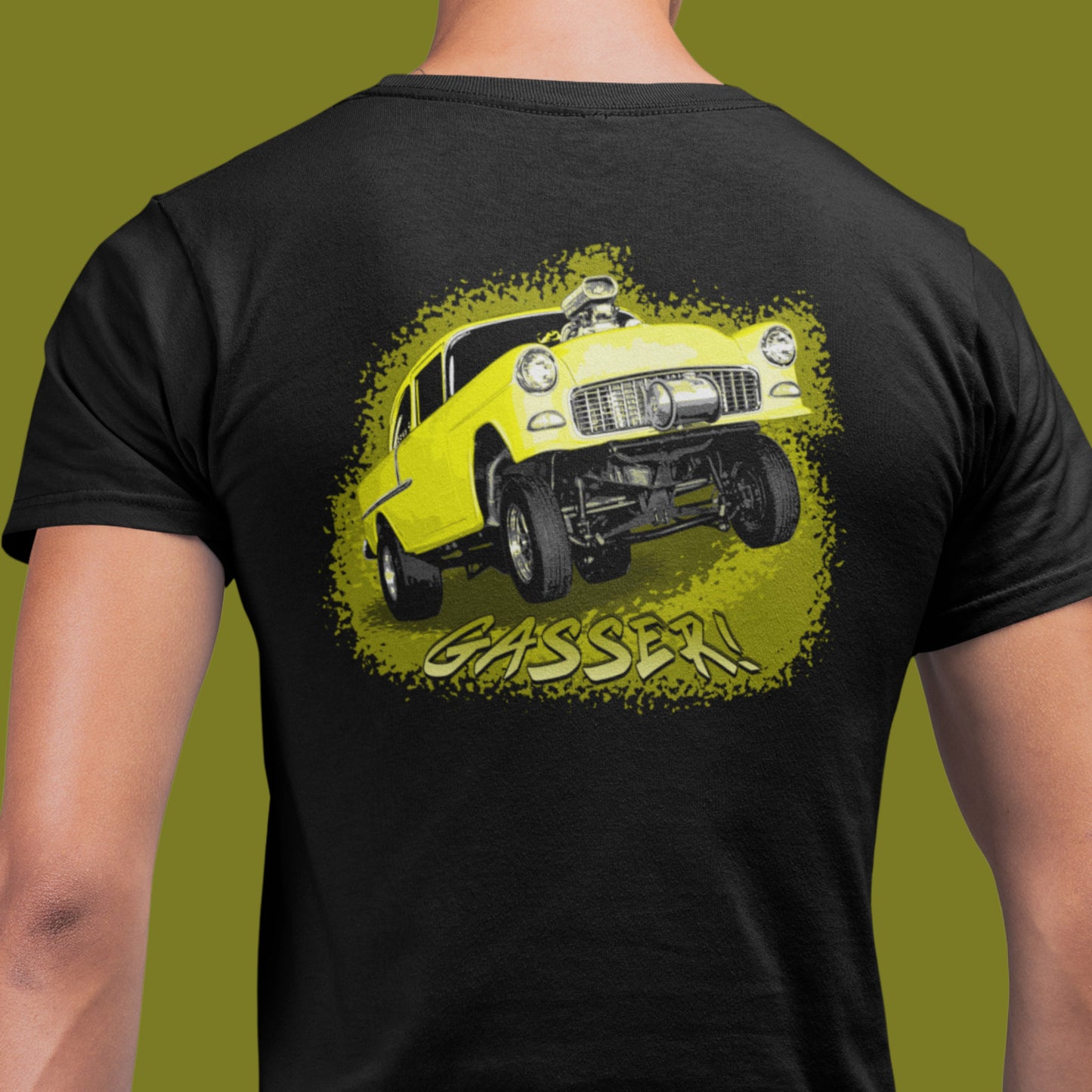 Classic Car Shirt featuring a Yellow 1955 Chevy Gasser - Unisex t-shirt, 1950s 1960s racer, image on back