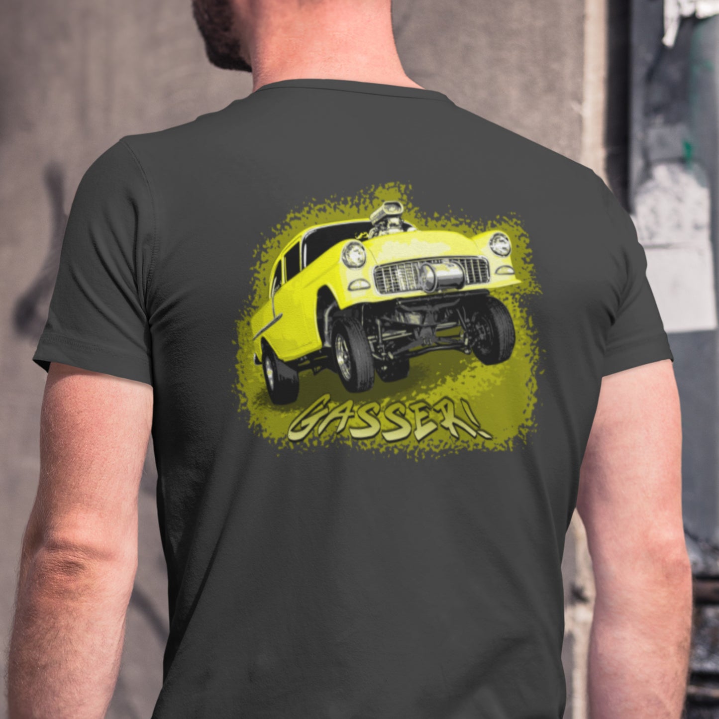 Classic Car Shirt featuring a Yellow 1955 Chevy Gasser - Unisex t-shirt, 1950s 1960s racer, image on back