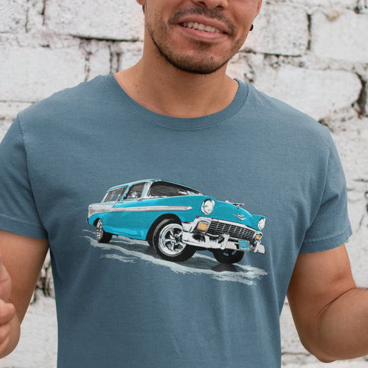 Classic Car Shirt featuring a Blue 56 Chevrolet Bel Air Nomad, 1956 Chevy on Unisex t-shirt