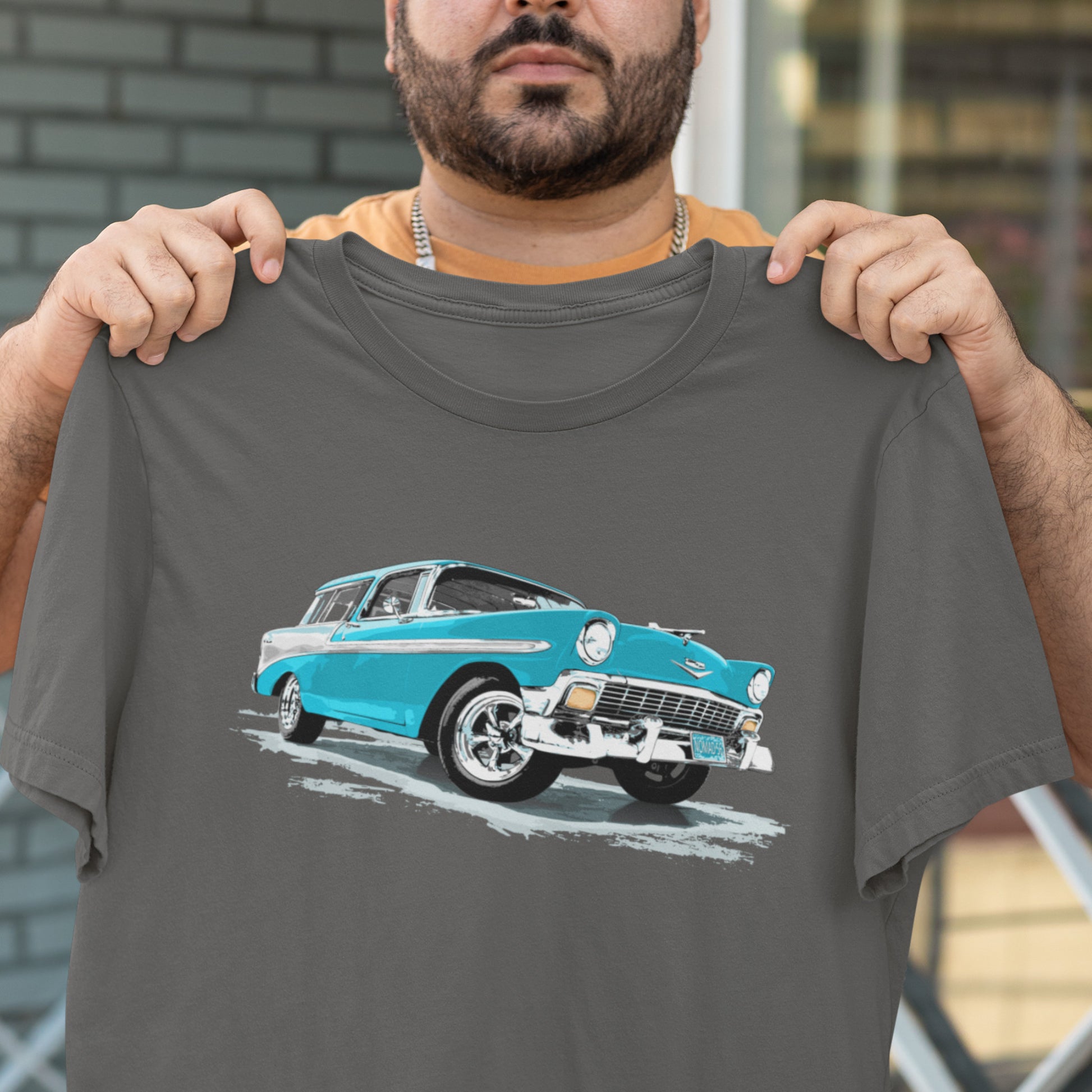 Classic Car Shirt featuring a Blue 56 Chevrolet Bel Air Nomad, 1956 Chevy on Unisex t-shirt