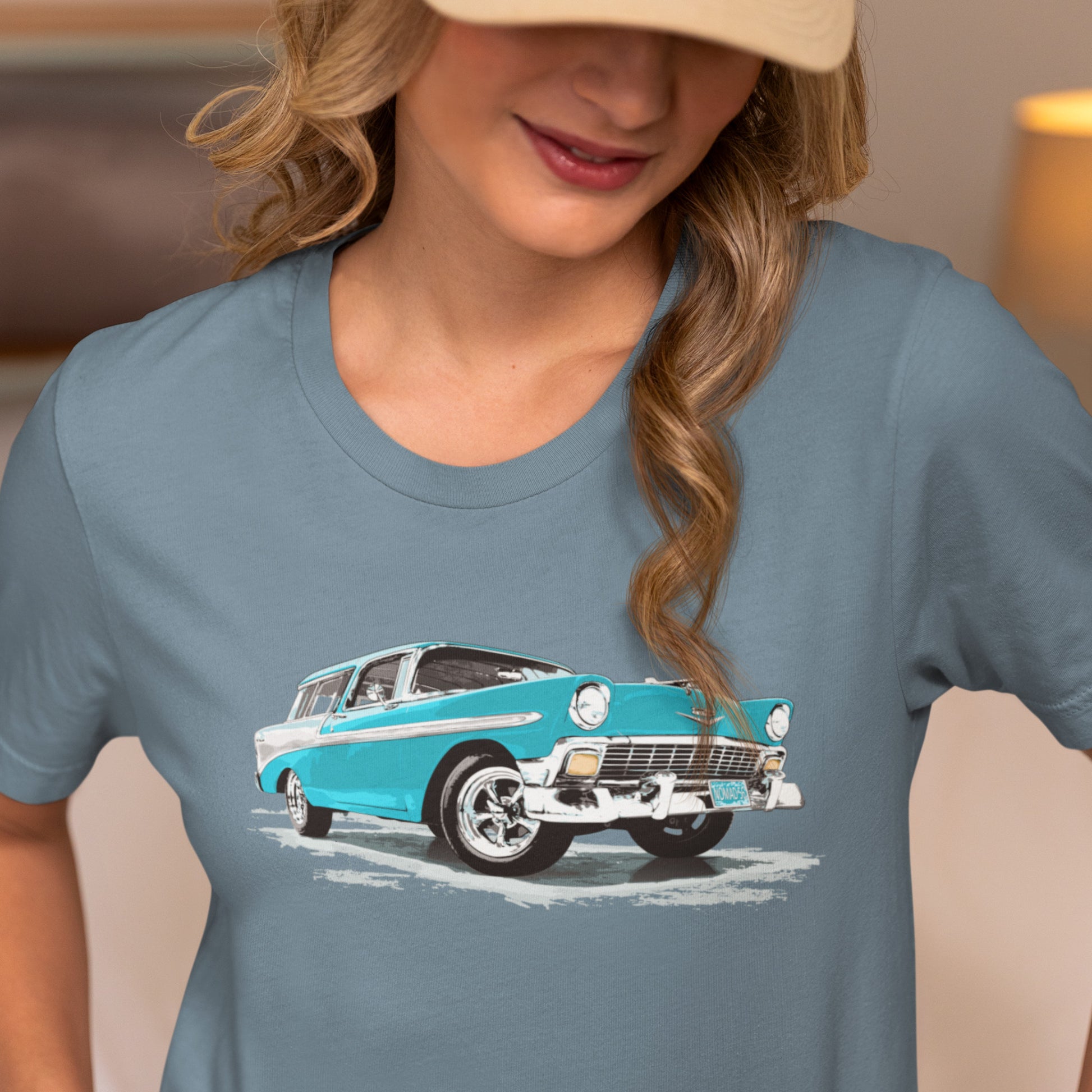 Classic Car Shirt featuring a Blue 56 Chevrolet Bel Air Nomad, 1956 Chevy on Unisex t-shirt