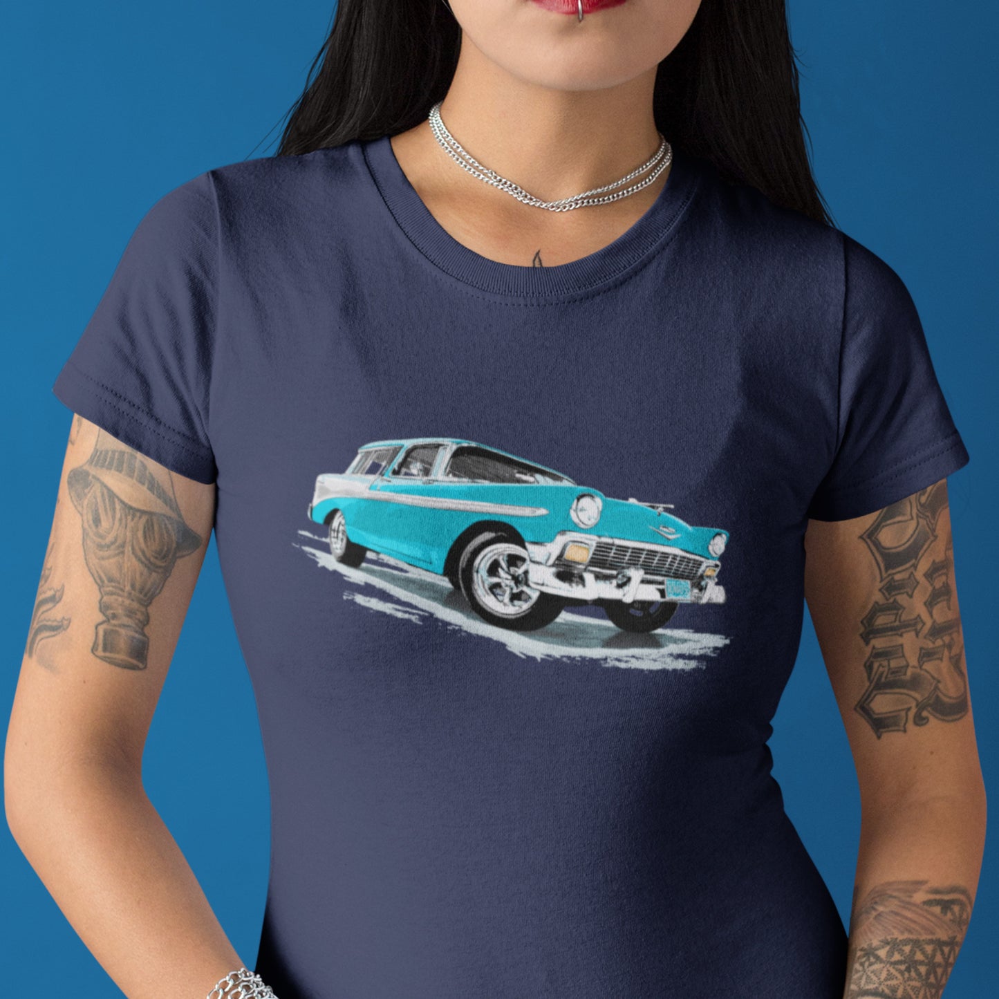 Classic Car Shirt featuring a Blue 56 Chevrolet Bel Air Nomad, 1956 Chevy on Unisex t-shirt
