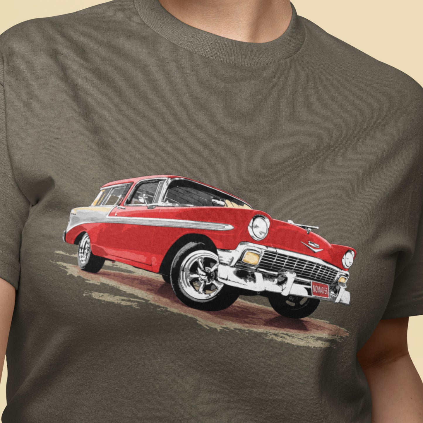 Classic Car Shirt featuring a red 56 Chevrolet Bel Air Nomad, 1956 Chevy on Unisex t-shirt