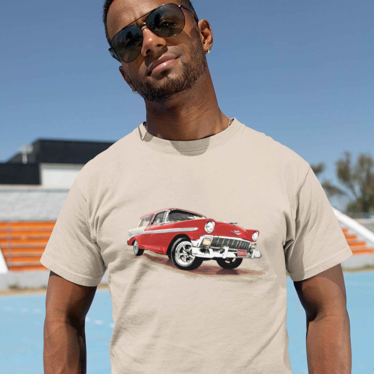 Classic Car Shirt featuring a red 56 Chevrolet Bel Air Nomad, 1956 Chevy on Unisex t-shirt