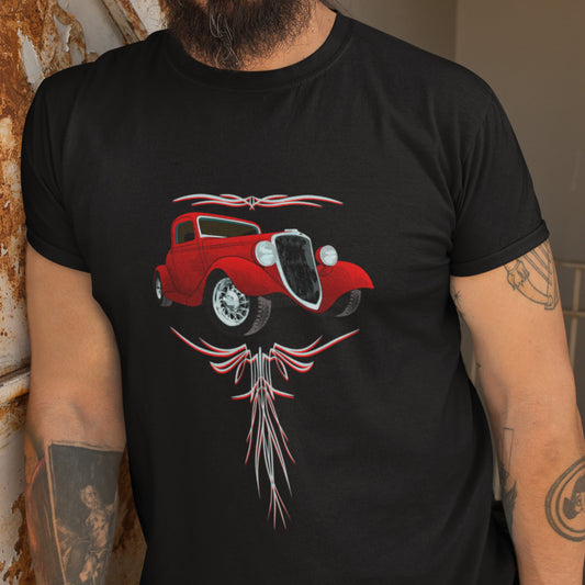 Classic car shirt featuring a Red 34 Ford Hot Rod, 30's Street Rod with Pinstripes