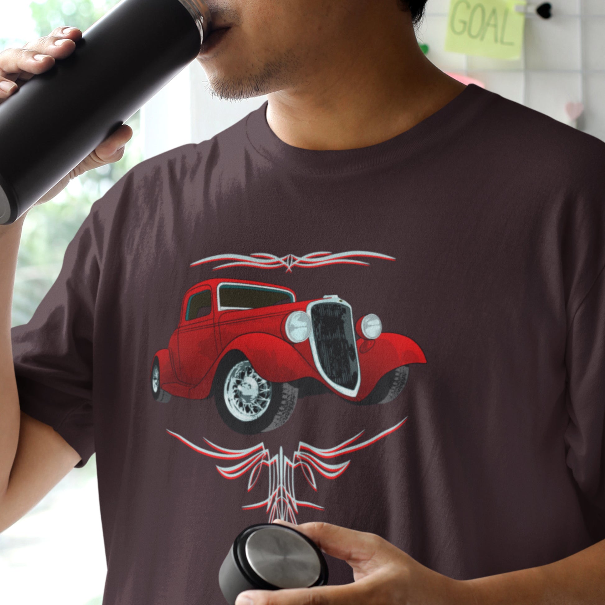 Classic car shirt featuring a Red 34 Ford Hot Rod, 30's Street Rod with Pinstripes