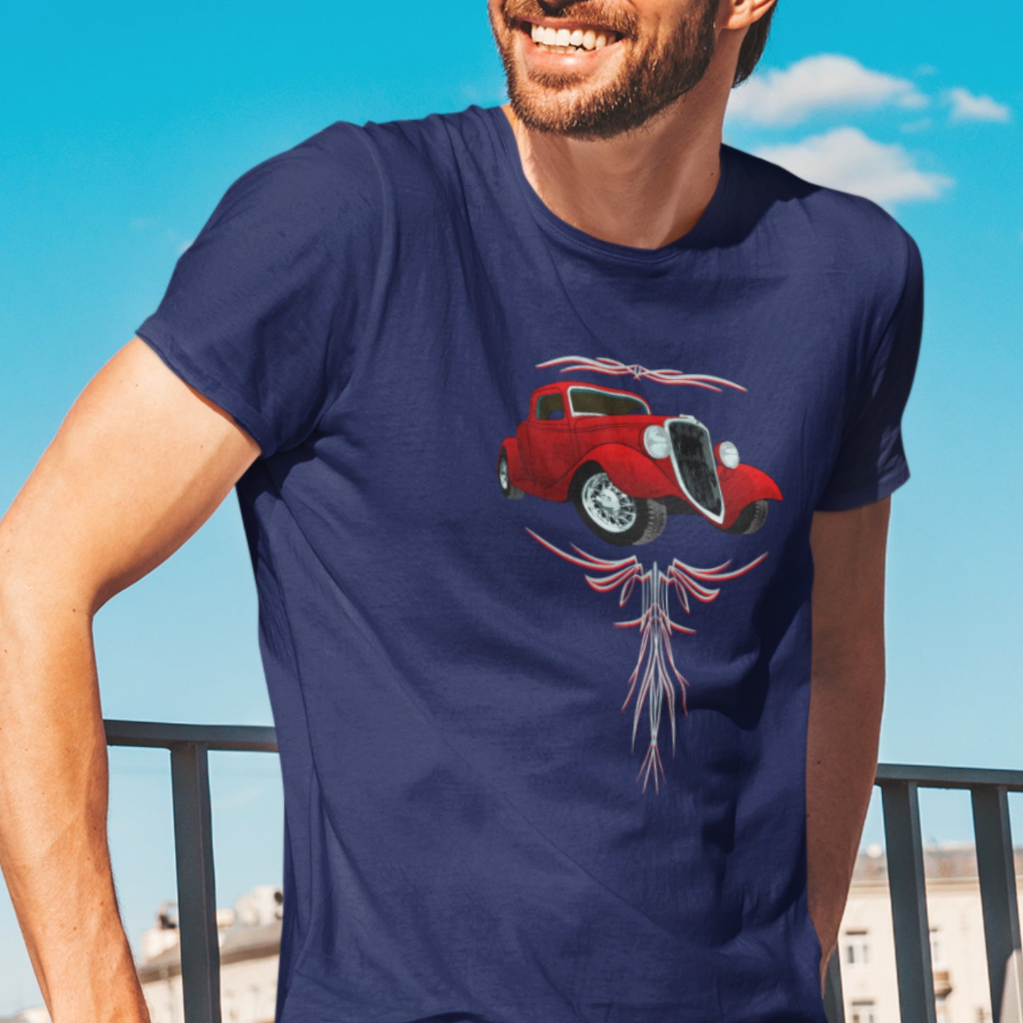 Classic car shirt featuring a Red 34 Ford Hot Rod, 30's Street Rod with Pinstripes