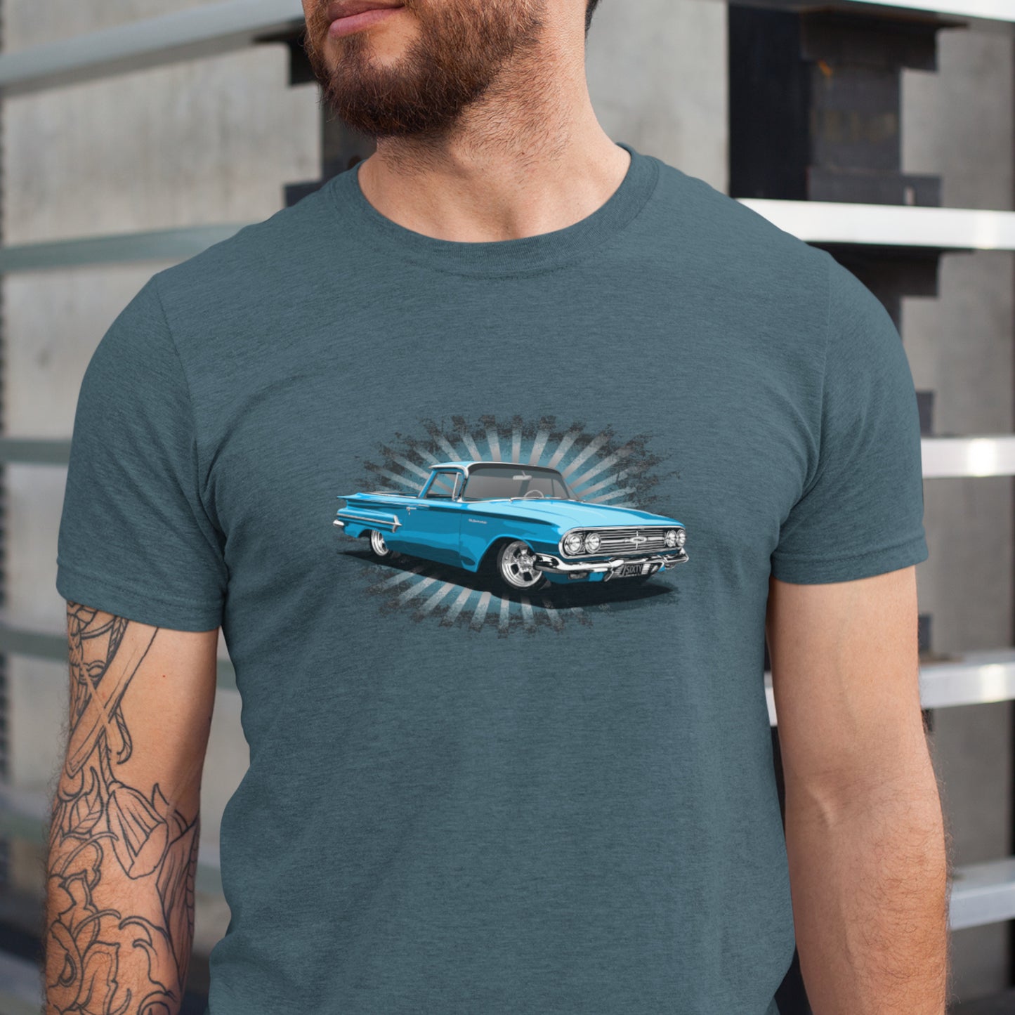 Classic truck shirt featuring Blue 1960 Chevy El Camino - Unisex Jersey Tee with 60 Chevrolet Truck