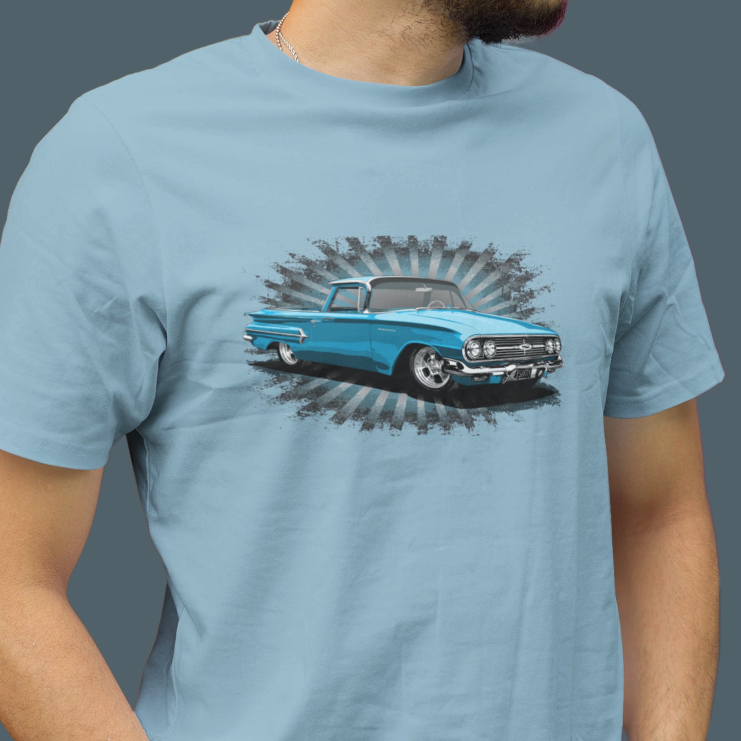 Classic truck shirt featuring Blue 1960 Chevy El Camino - Unisex Jersey Tee with 60 Chevrolet Truck