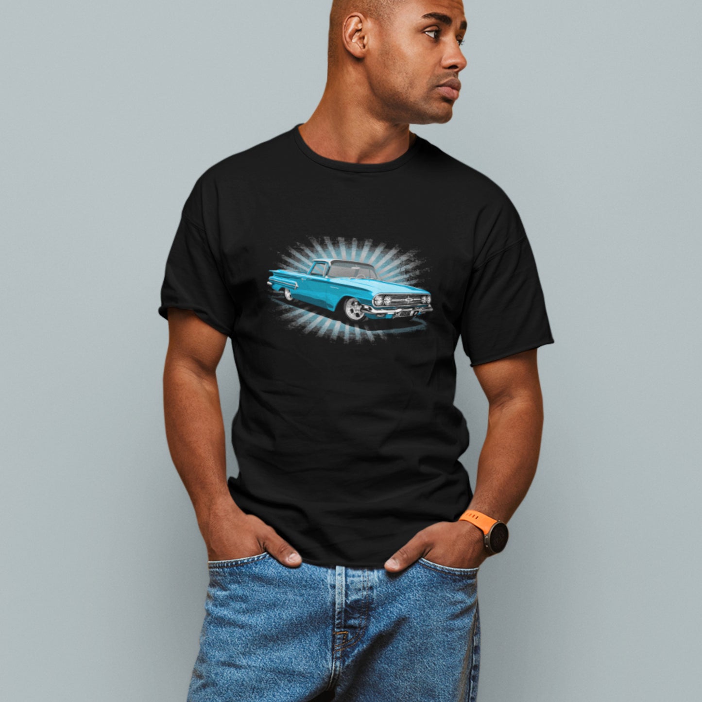 Classic truck shirt featuring Blue 1960 Chevy El Camino - Unisex Jersey Tee with 60 Chevrolet Truck