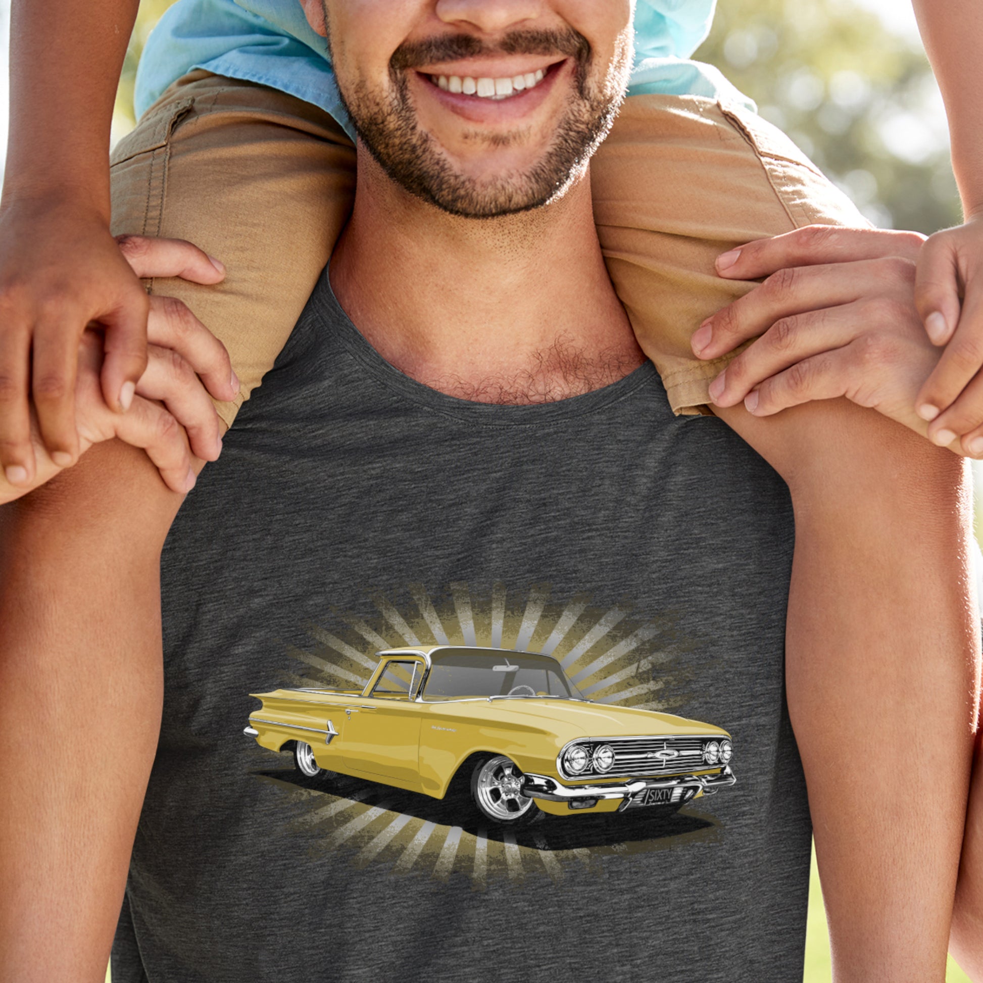 Classic truck shirt featuring Yellow 1960 Chevy El Camino - Unisex Jersey Tee with 60 Chevrolet Truck