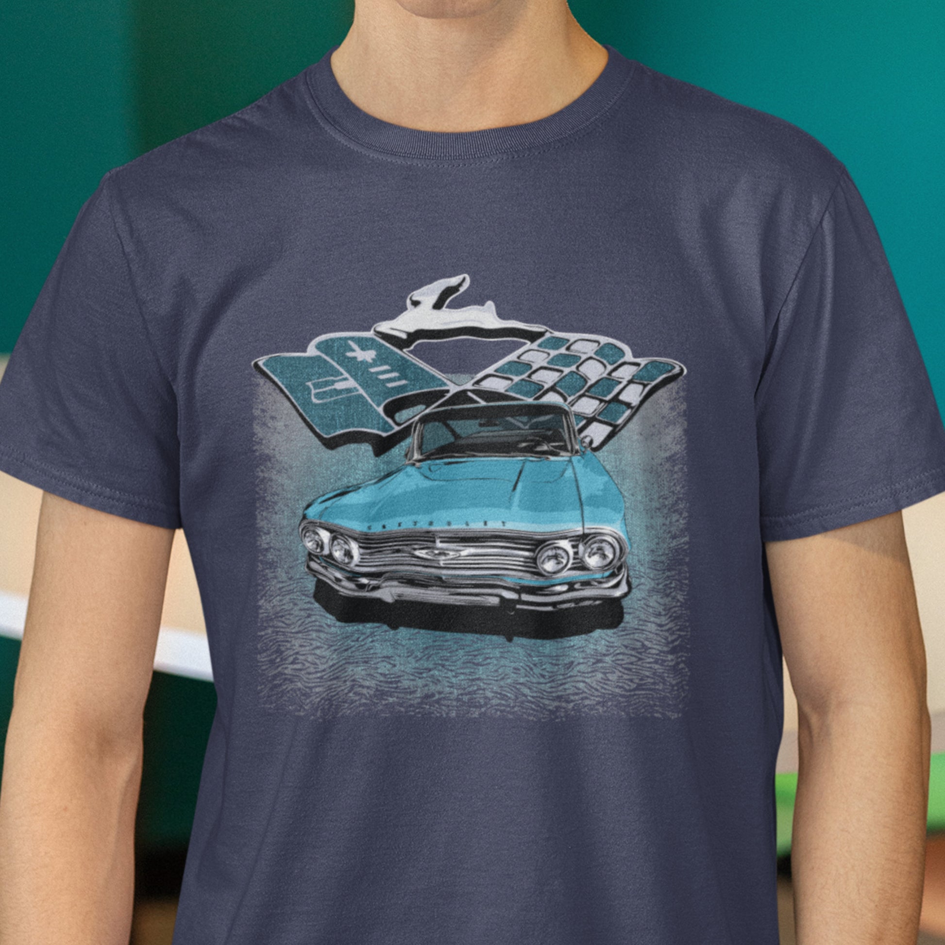 Classic car shirt featuring Blue 1960 Chevy Impala - Unisex Jersey Tee - 60 Chevrolet Impala SS