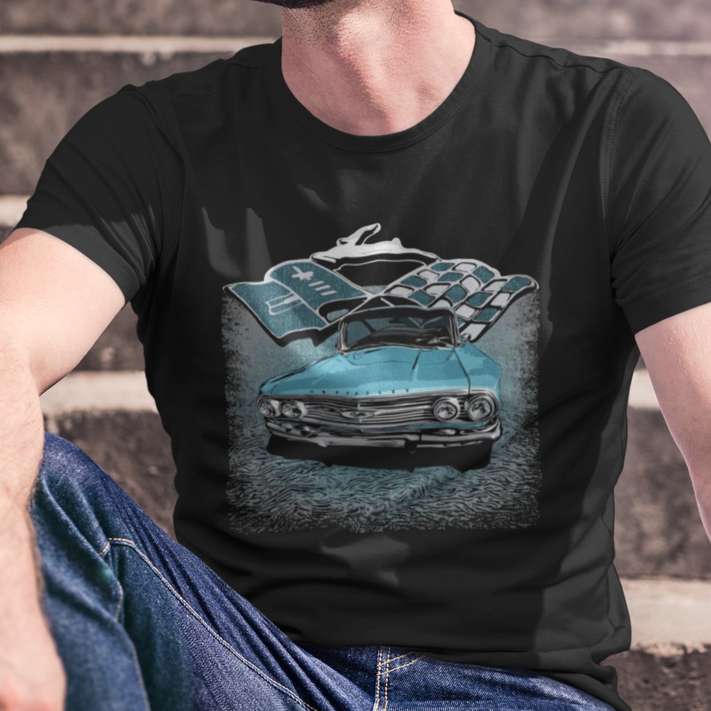 Classic car shirt featuring Blue 1960 Chevy Impala - Unisex Jersey Tee - 60 Chevrolet Impala SS