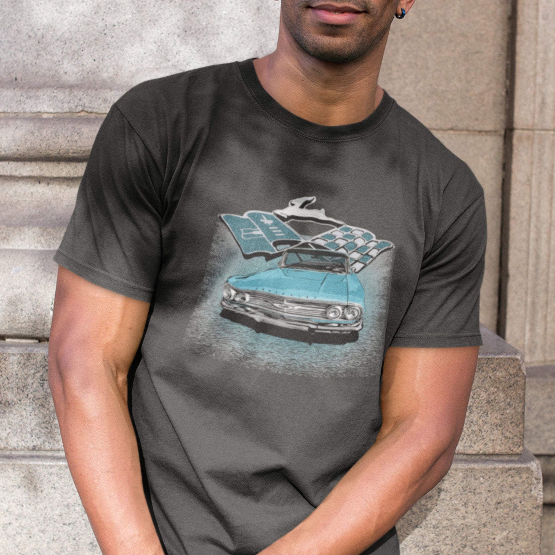 Classic car shirt featuring Blue 1960 Chevy Impala - Unisex Jersey Tee - 60 Chevrolet Impala SS