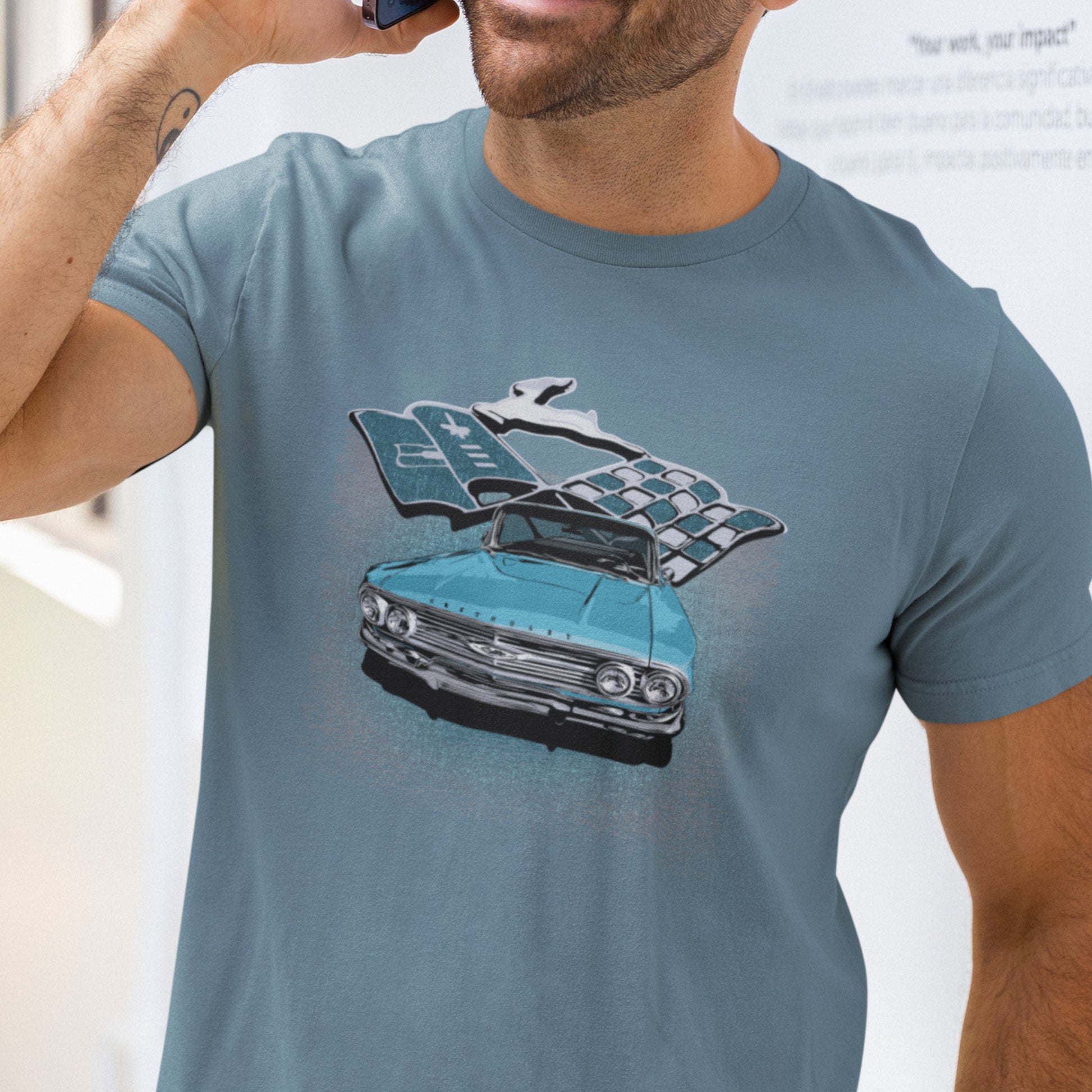 Classic car shirt featuring Blue 1960 Chevy Impala - Unisex Jersey Tee - 60 Chevrolet Impala SS