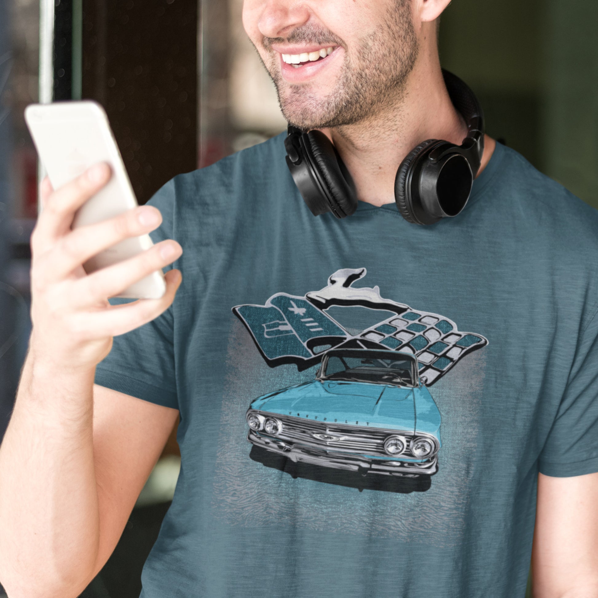 Classic car shirt featuring Blue 1960 Chevy Impala - Unisex Jersey Tee - 60 Chevrolet Impala SS