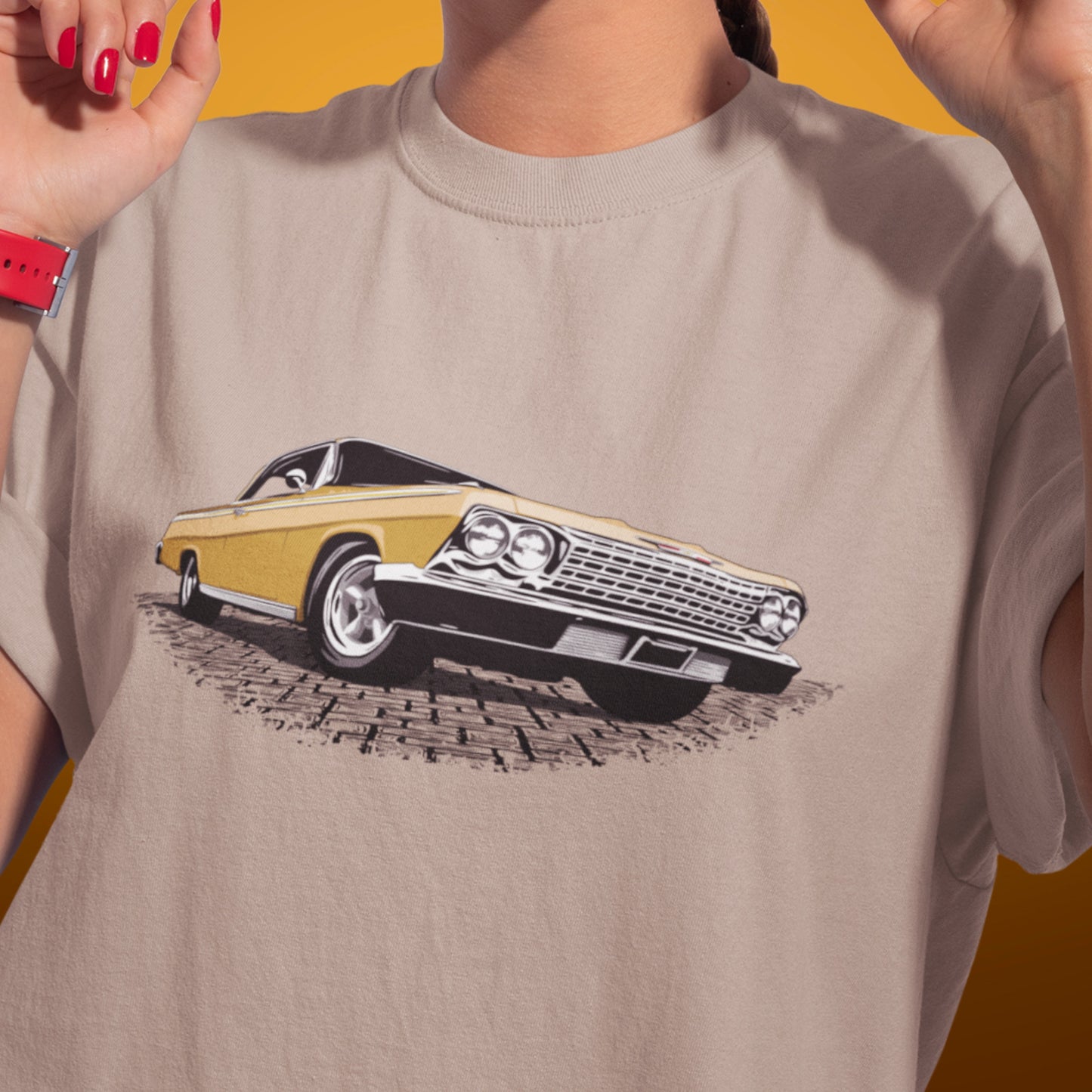 Classic car shirt featuring Gold 1962 Chevy Impala - Unisex Jersey Tee - 62 Chevrolet Impala SS