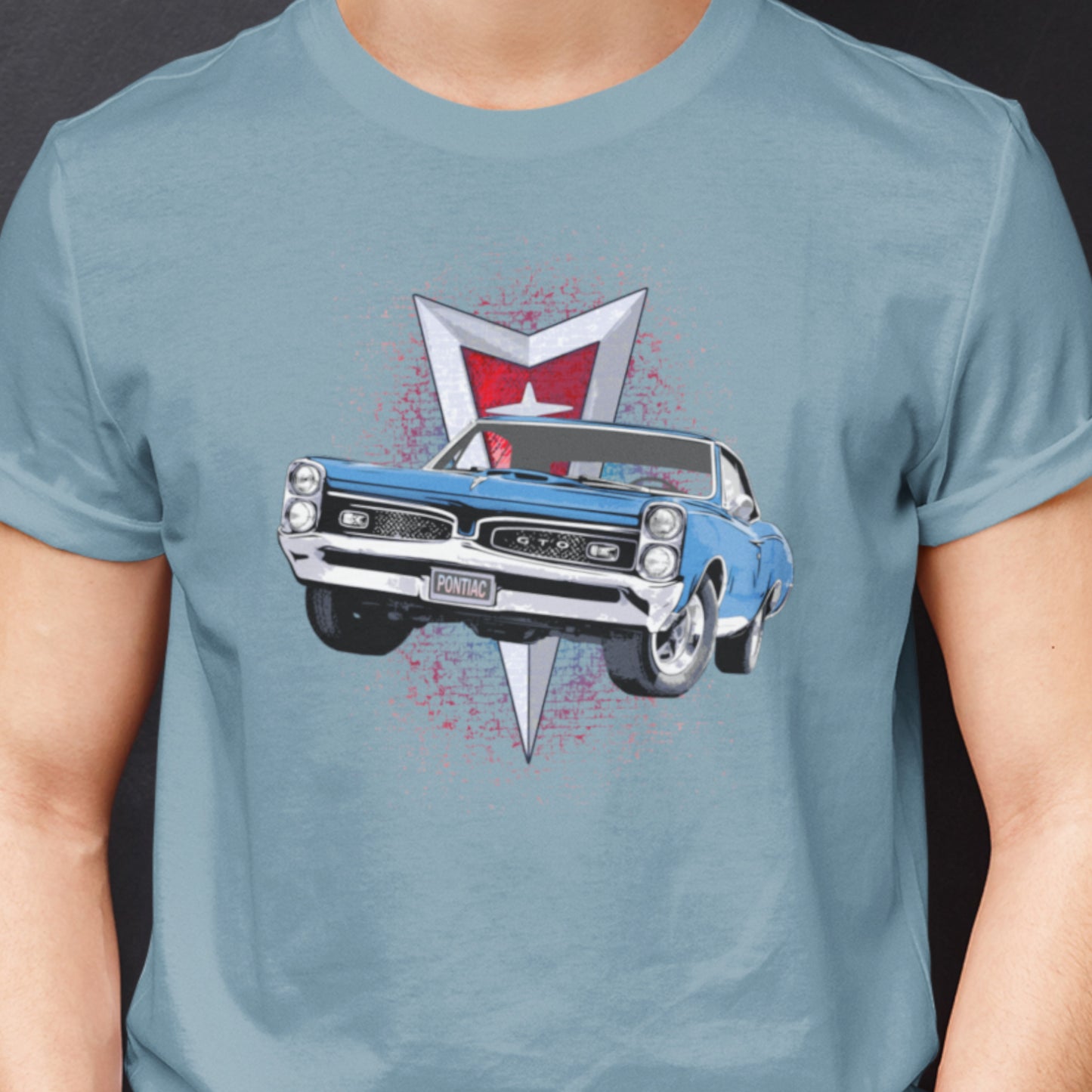 Classic car shirt featuring a blue 1967 Pontiac GTO - Unisex T-shirt - 60's muscle car