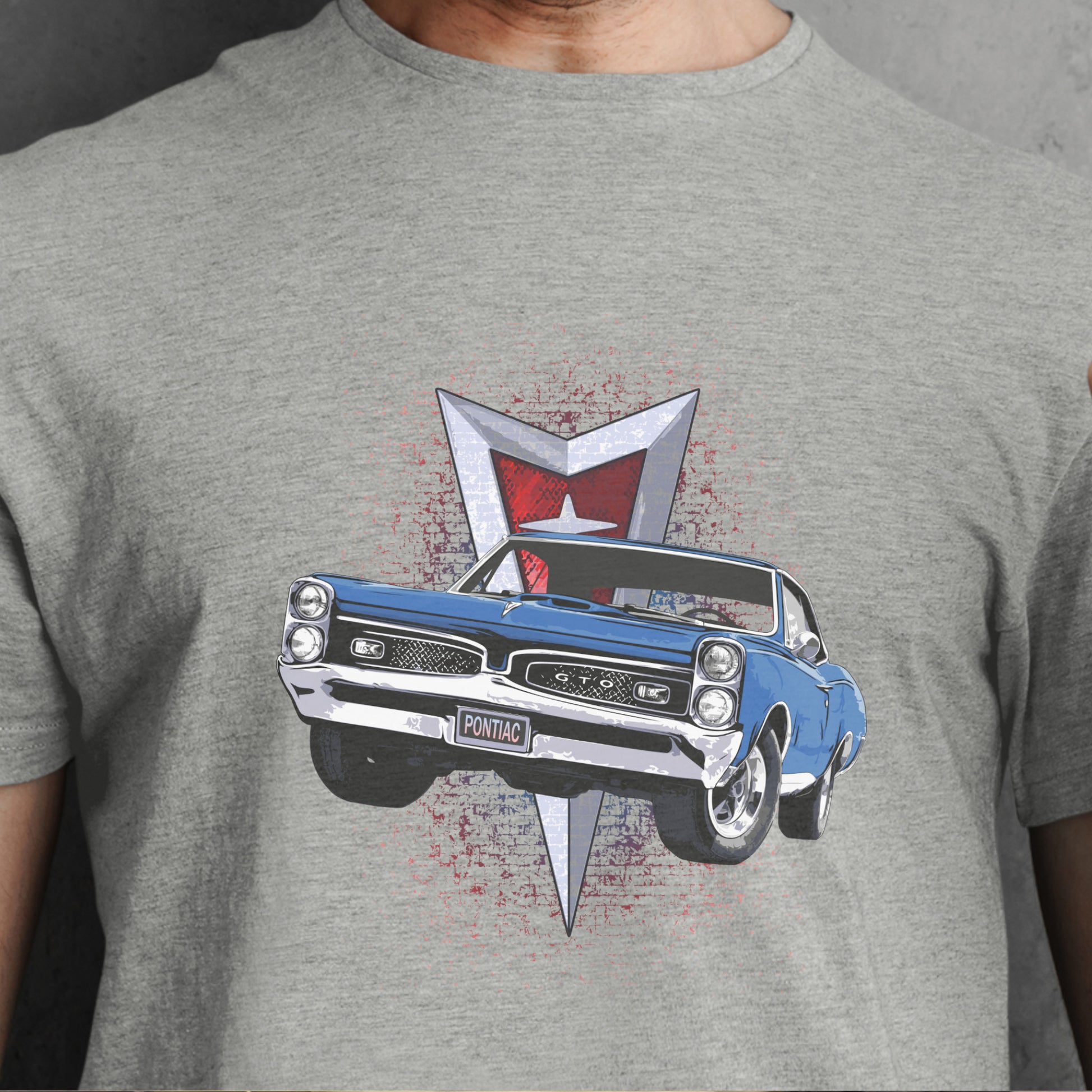 Classic car shirt featuring a blue 1967 Pontiac GTO - Unisex T-shirt - 60's muscle car